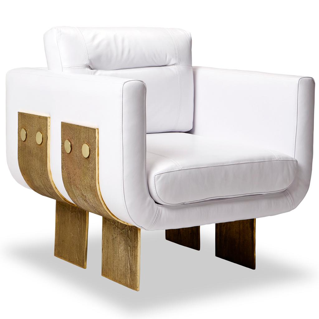 Contemporary Cast Brass and White Leather Brutalist Primal Lounge Chair by Egg Designs For Sale