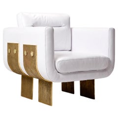 Cast Brass and White Leather Brutalist Primal Lounge Chair by Egg Designs