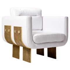 Brutalistischer Primal Loungesessel aus gegossenem Messing und weißem Leder von Egg Designs