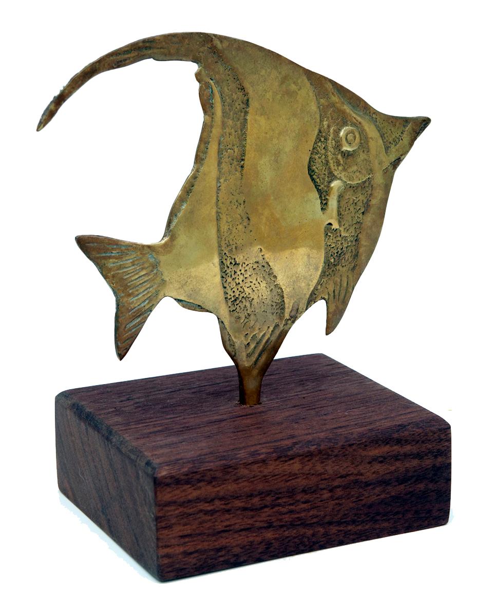 Korean Cast Brass Angelfish Mounted on Walnut Stand For Sale