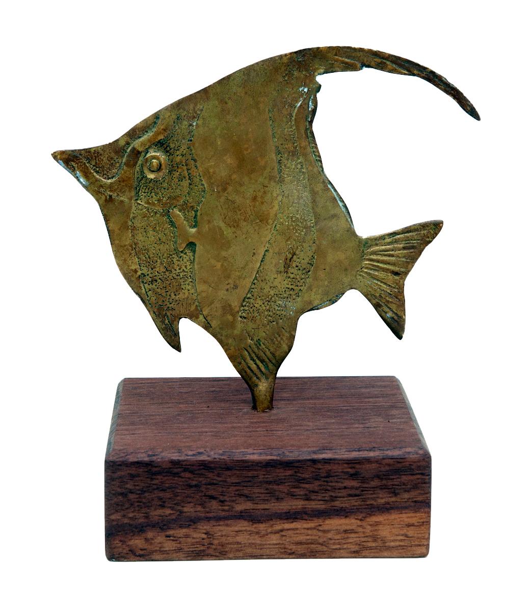 20th Century Cast Brass Angelfish Mounted on Walnut Stand For Sale