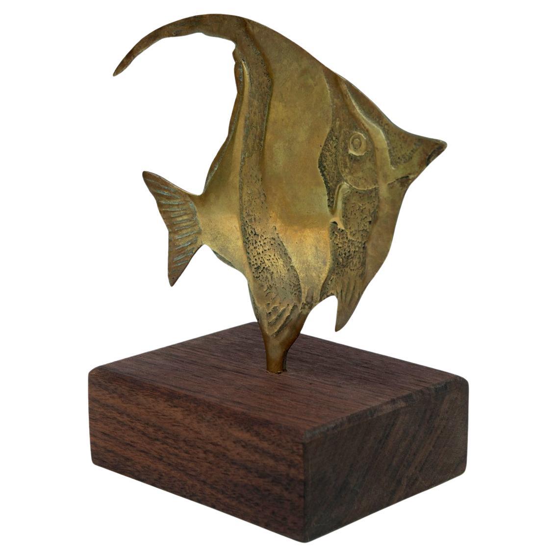 Cast Brass Angelfish Mounted on Walnut Stand For Sale