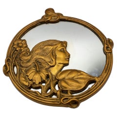 Cast Brass Art Nouveau Round Wall Mirror with Ivy Lady Portrait