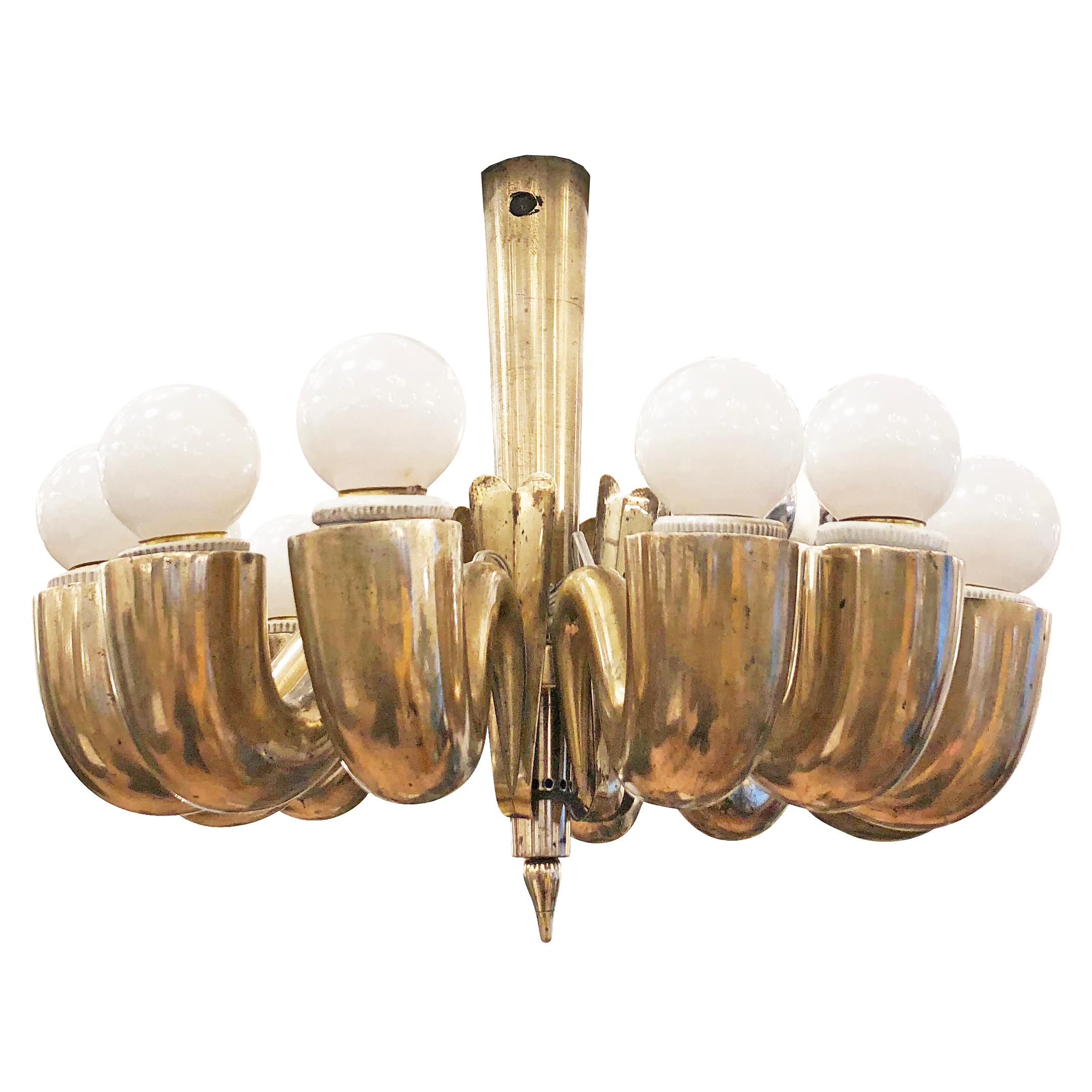 Mid-Century Modern Cast Brass Chandelier Attributed to Guglielmo Ulrich