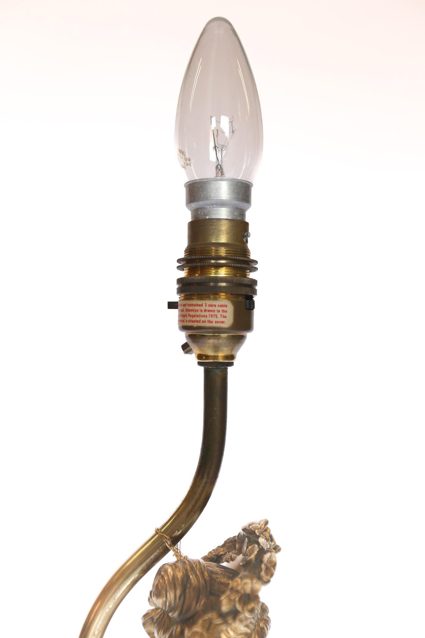 Cast Brass Classical Lady Table Lamp. Grand Tour Style, circa 1920s
Classical Lady holding Floral head Dress
Partial covered with draped cloth
Basket with Flowers  sitting behind, 
Circular stepped base with floral detail on front, 
Stamped on Base: