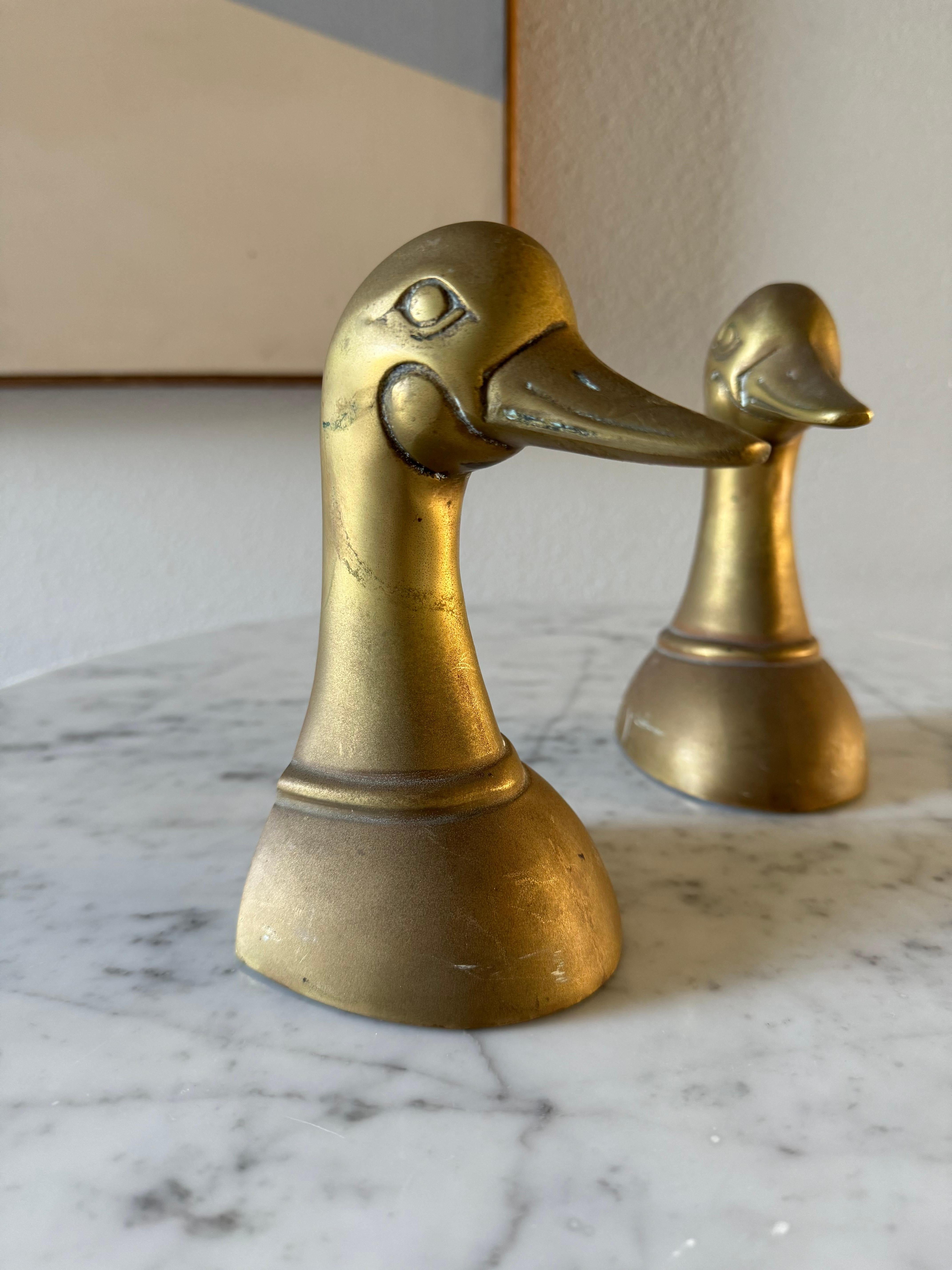 Cast Brass Duck Head Bookends, Korea 1970s  In Good Condition For Sale In Costa Mesa, CA