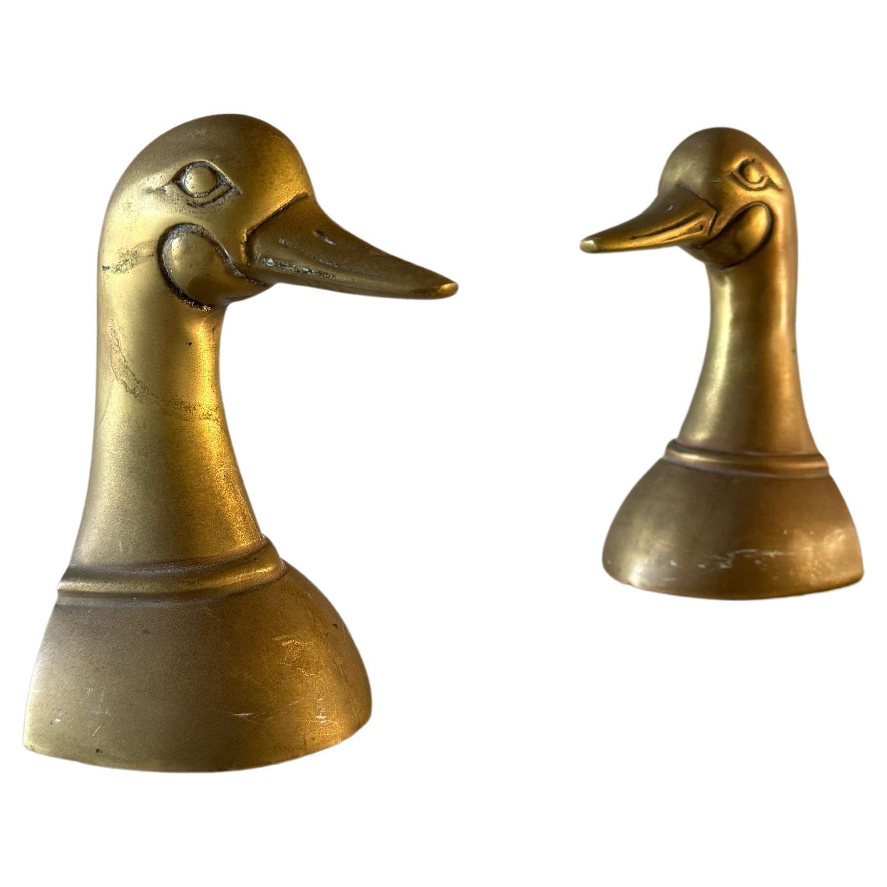Cast Brass Duck Head Bookends, Korea 1970s  For Sale