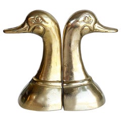 Vintage Cast Brass Duck or Mallard Head Bookends, a Pair