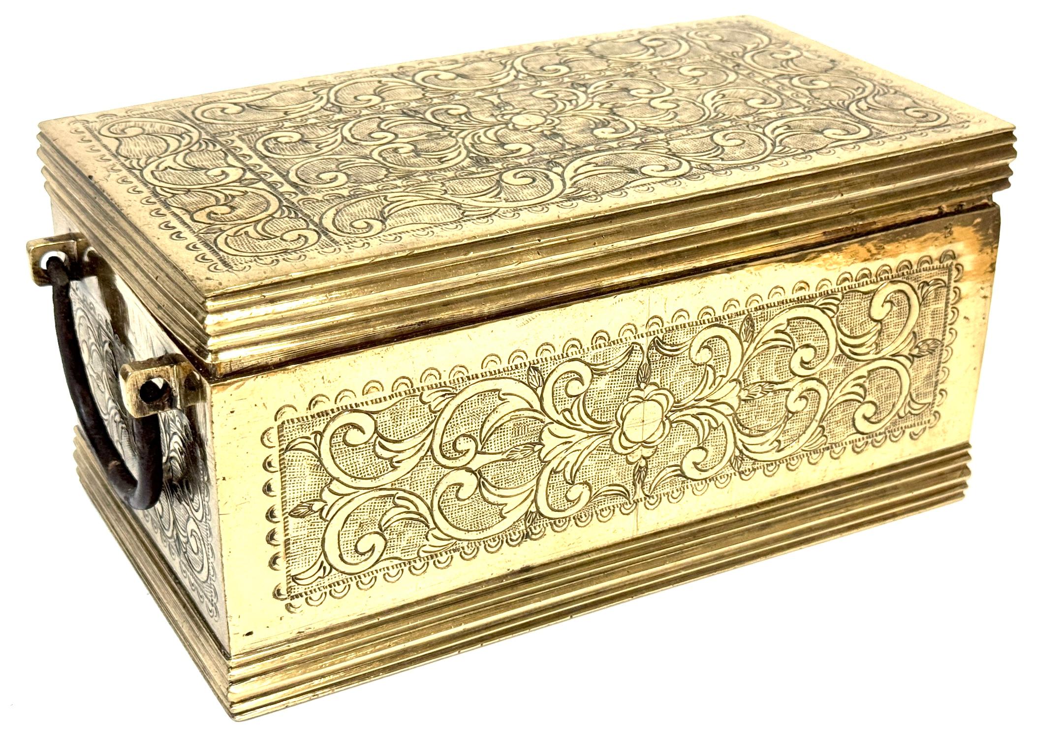 Indian Cast Brass Engraved Brazier Box with Pierced Charcoal Tray, North India For Sale