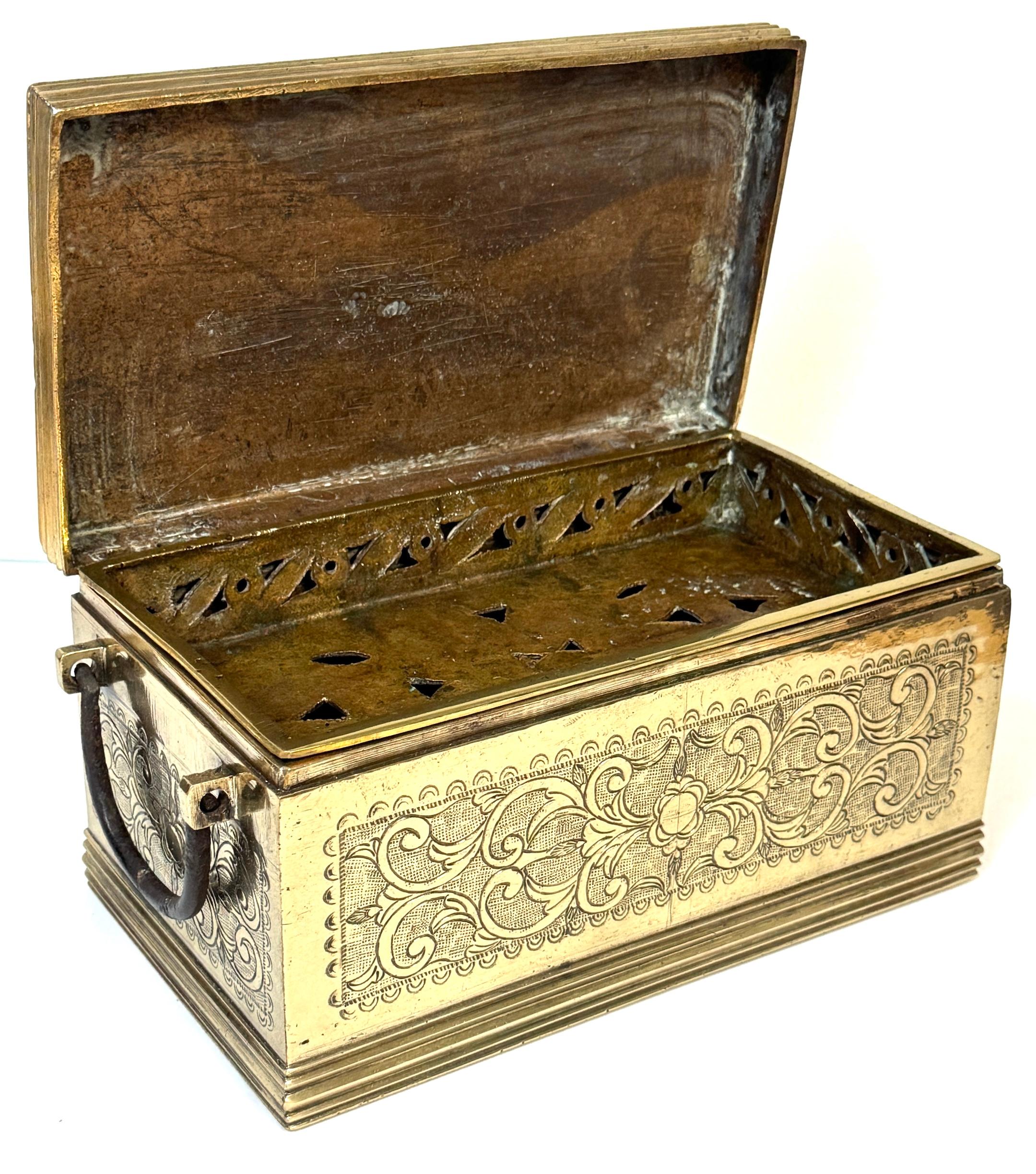 Cast Brass Engraved Brazier Box with Pierced Charcoal Tray, North India In Good Condition For Sale In West Palm Beach, FL