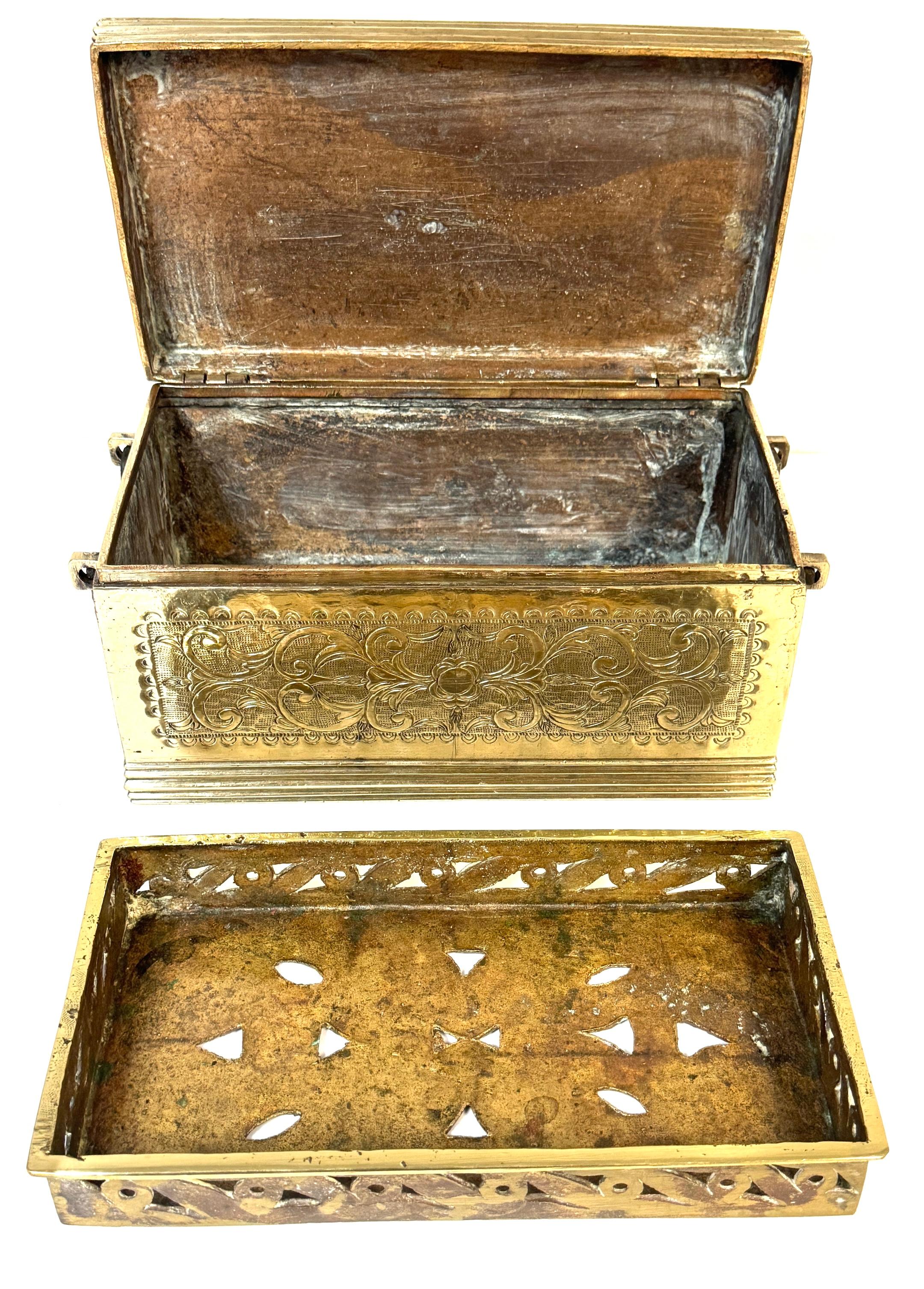 Cast Brass Engraved Brazier Box with Pierced Charcoal Tray, North India For Sale 1
