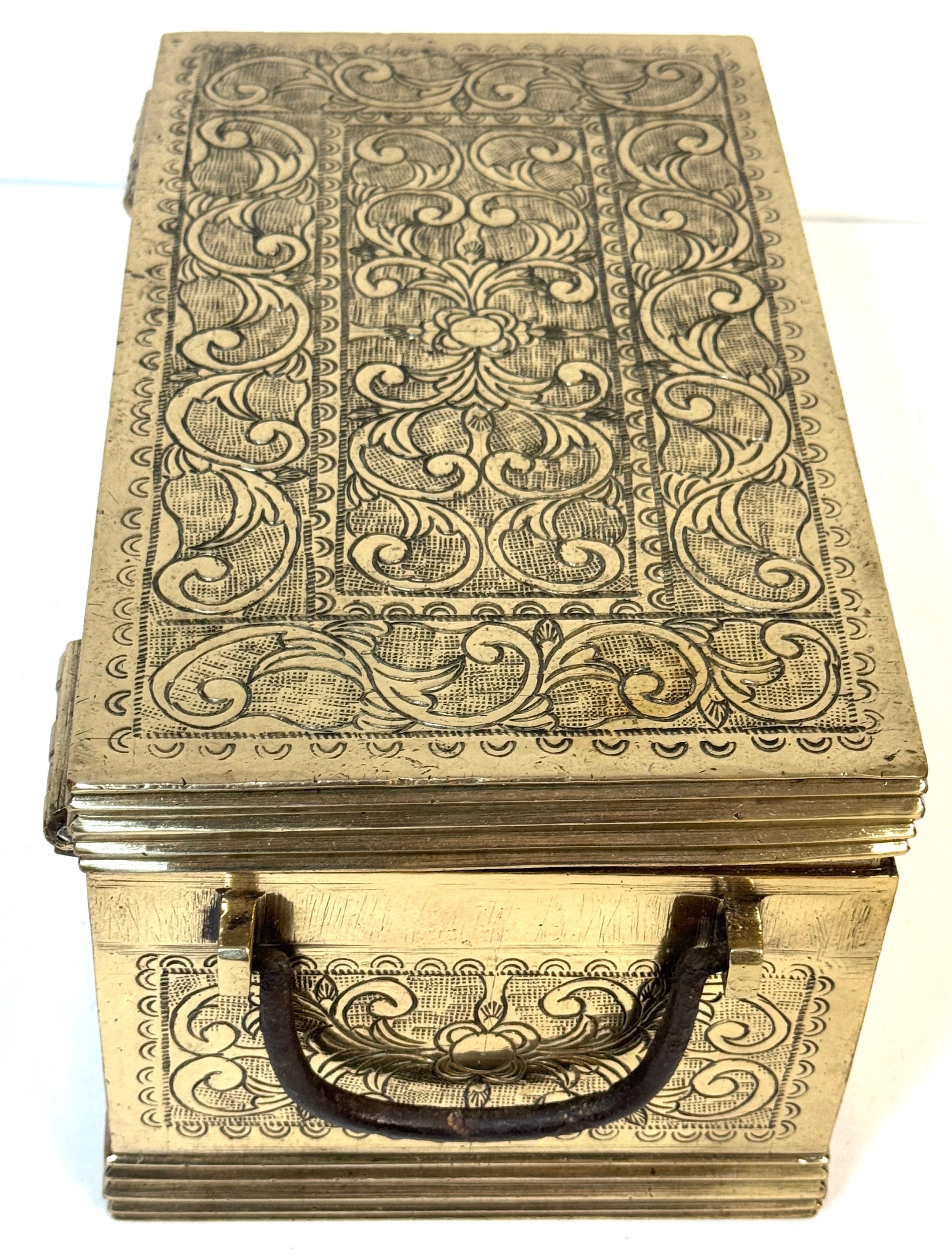 Cast Brass Engraved Brazier Box with Pierced Charcoal Tray, North India For Sale 3