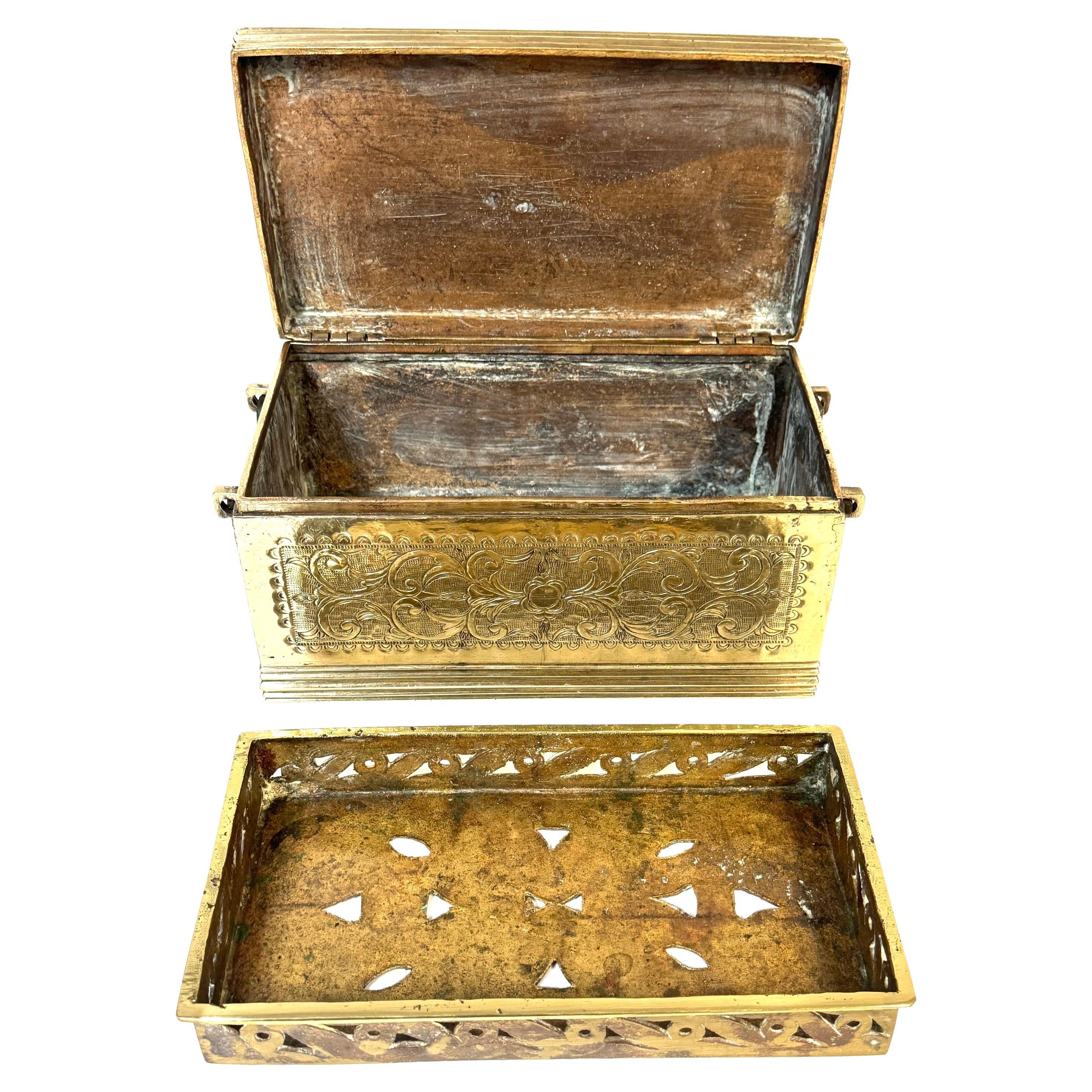Cast Brass Engraved Brazier Box with Pierced Charcoal Tray, North India