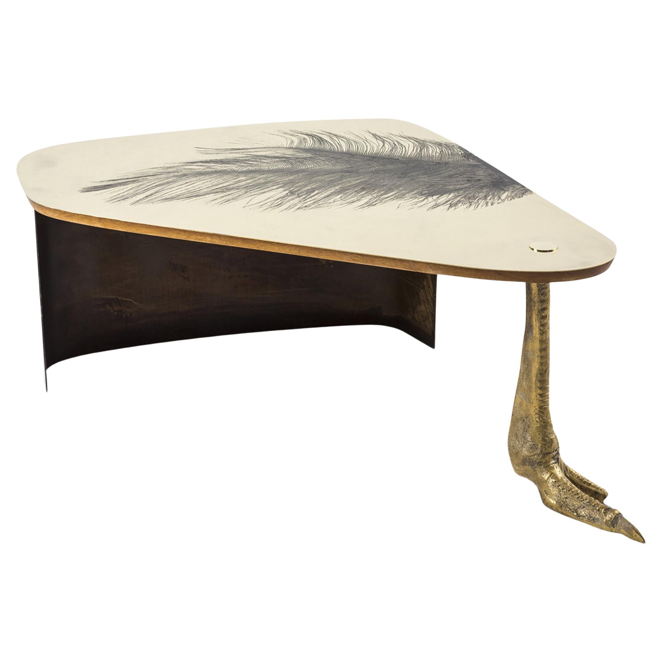Surrealist Cast Brass, Etched Plume Coffee Table with Bronze Steel, Egg Designs For Sale