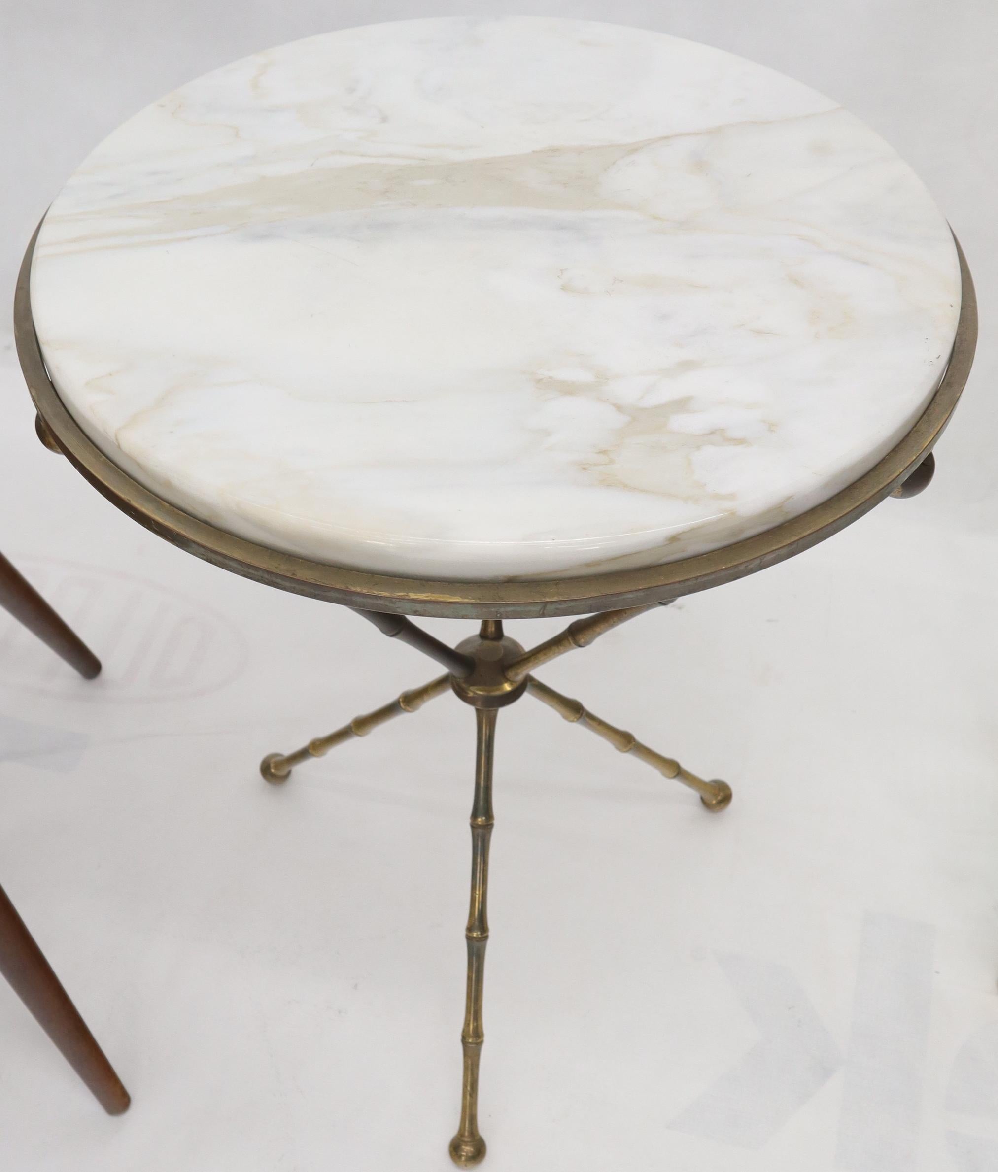 Cast Brass Faux Bamboo Tripod Tri Leg Round Side Table Marble Top 3
