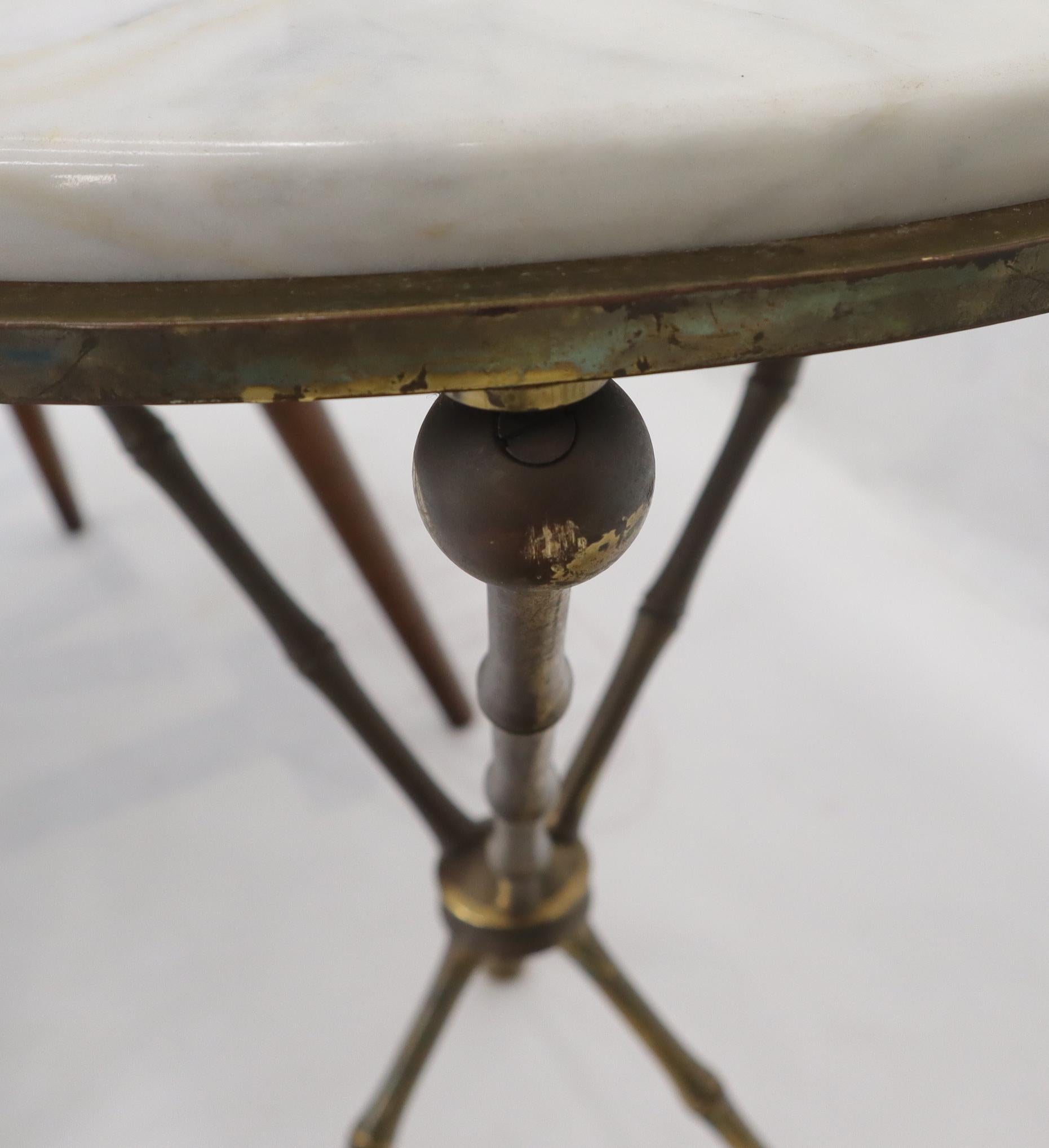 Mid-Century Modern Cast Brass Faux Bamboo Tripod Tri Leg Round Side Table Marble Top