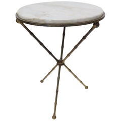 Cast Brass Faux Bamboo Tripod Tri Leg Round Side Table Marble Top
