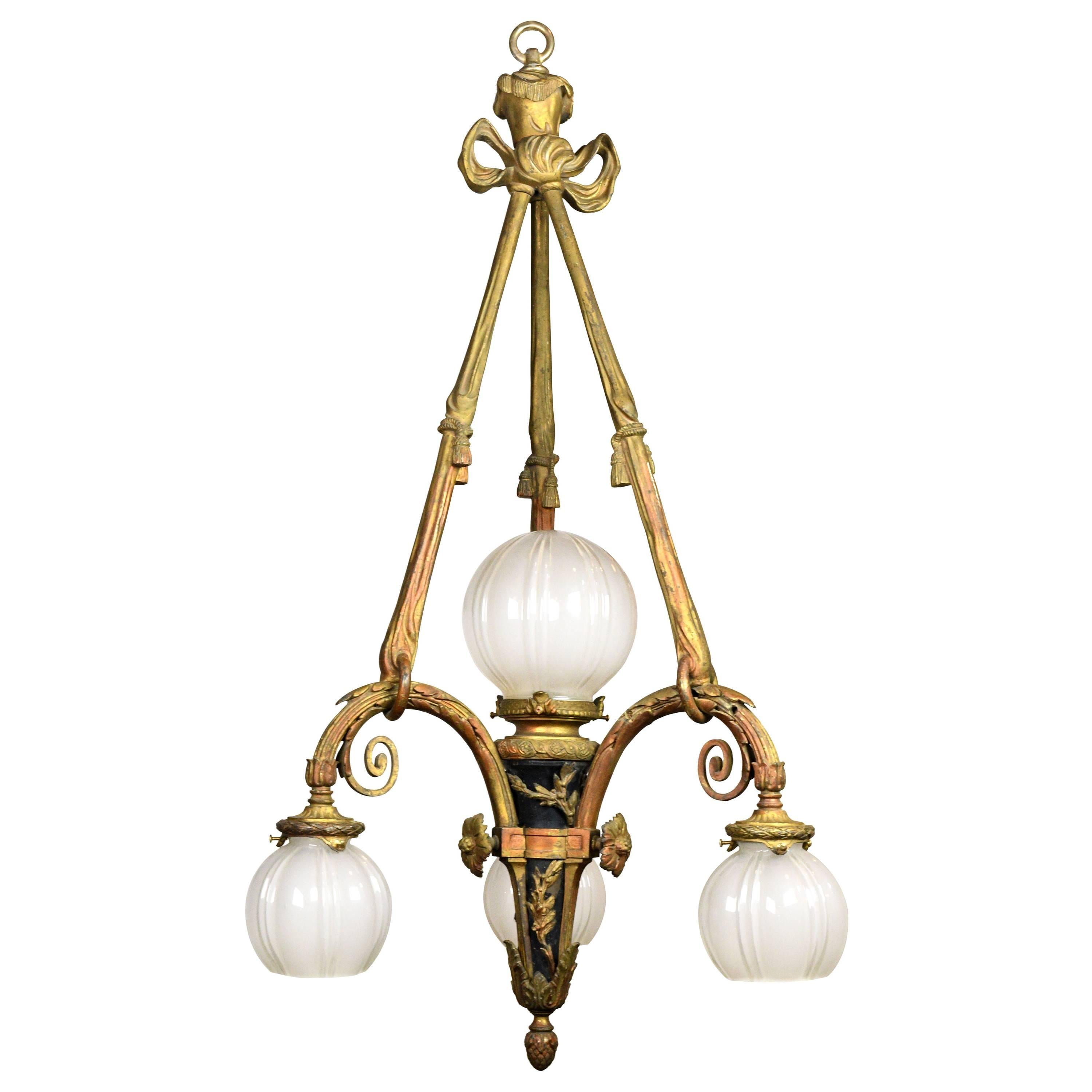 Cast Brass Four Shade Beaux Arts Chandelier