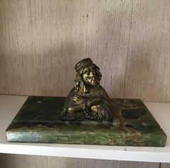Cast Brass Figural Inkwell on Marble Base, Antique Design, 1920s