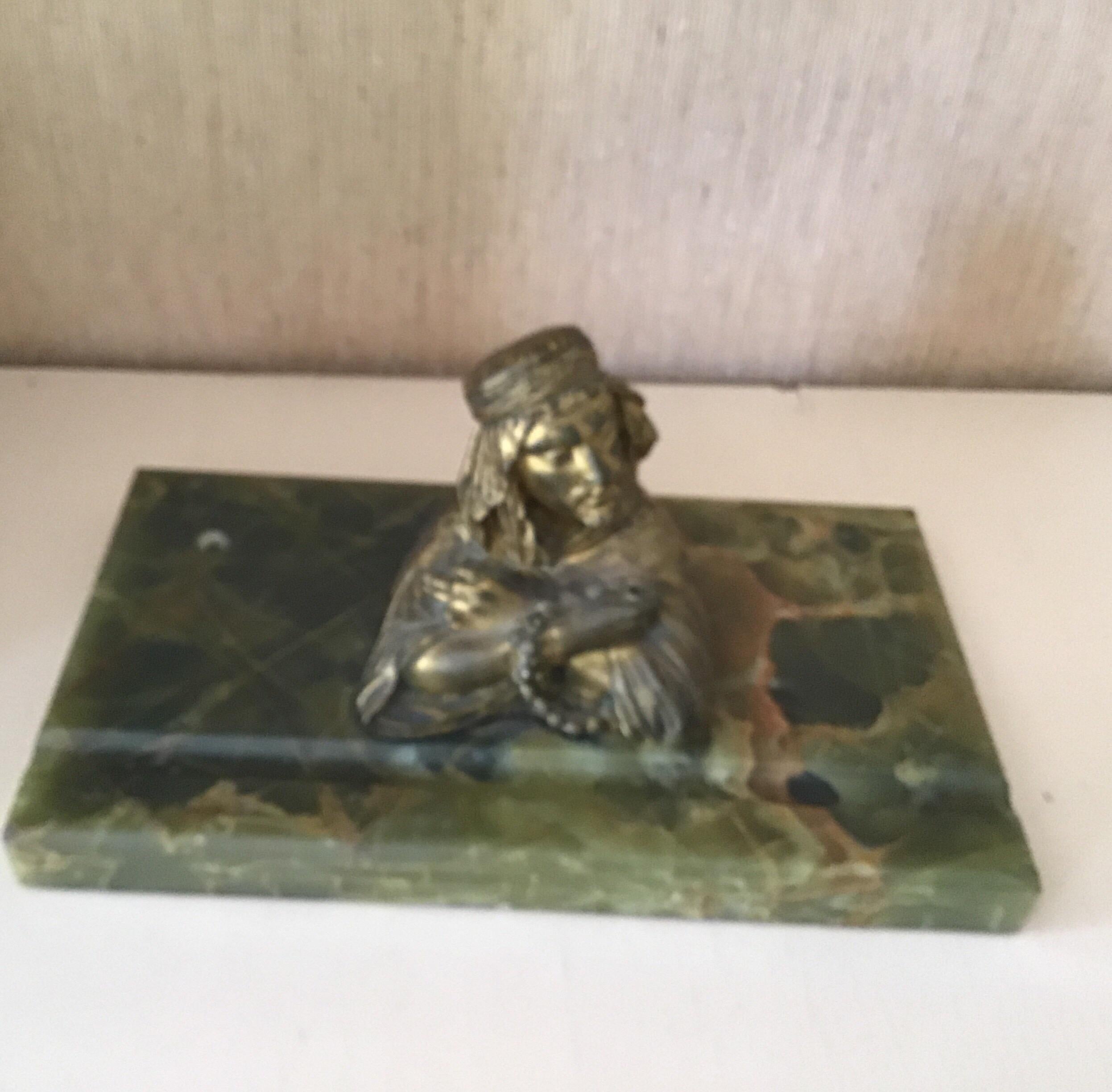 Cast Gilt Brass Figural Inkwell In Good Condition For Sale In Douglas Manor, NY
