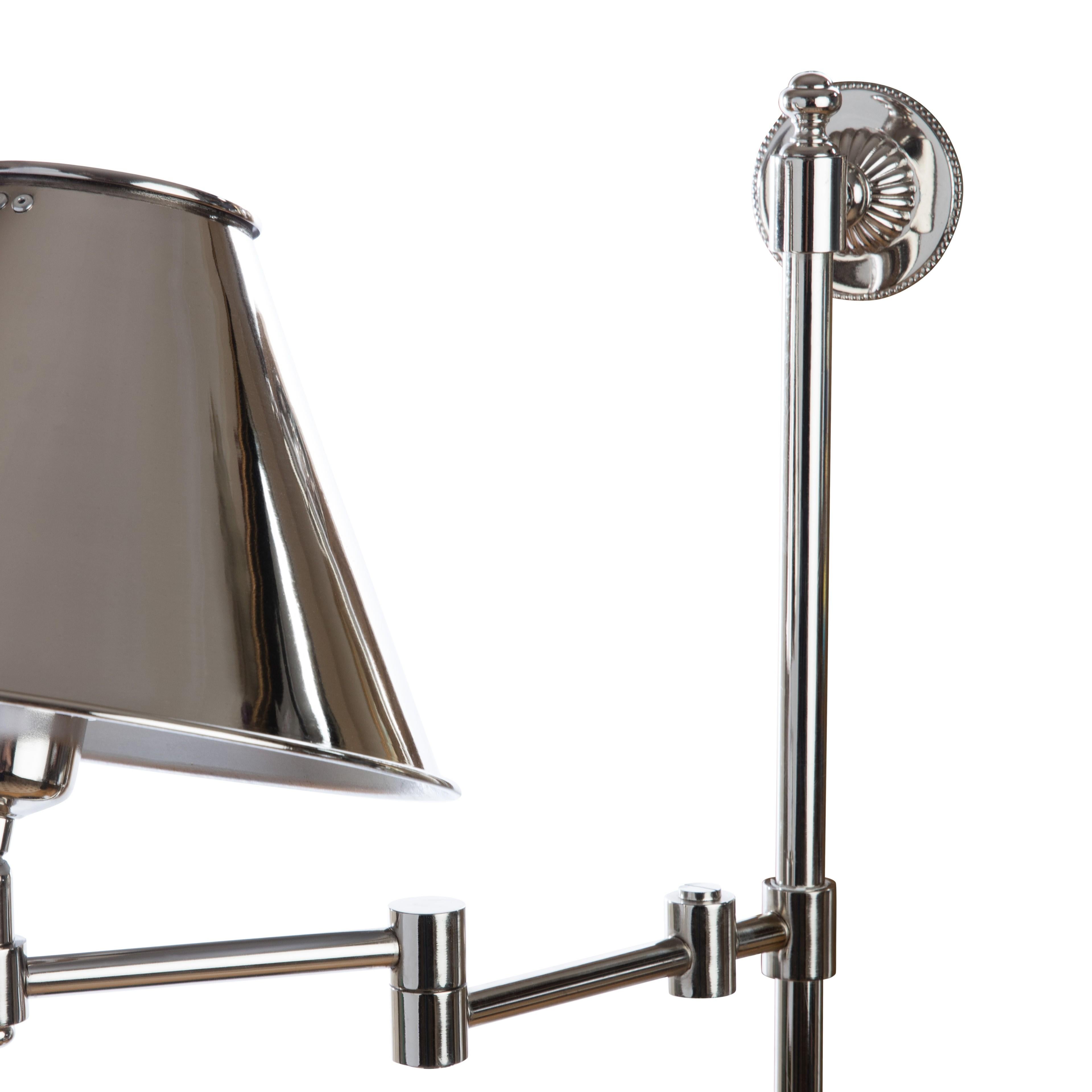 Cast Brass Library Light in Polished Nickel with Nickel Plated Brass Lampshade For Sale 4