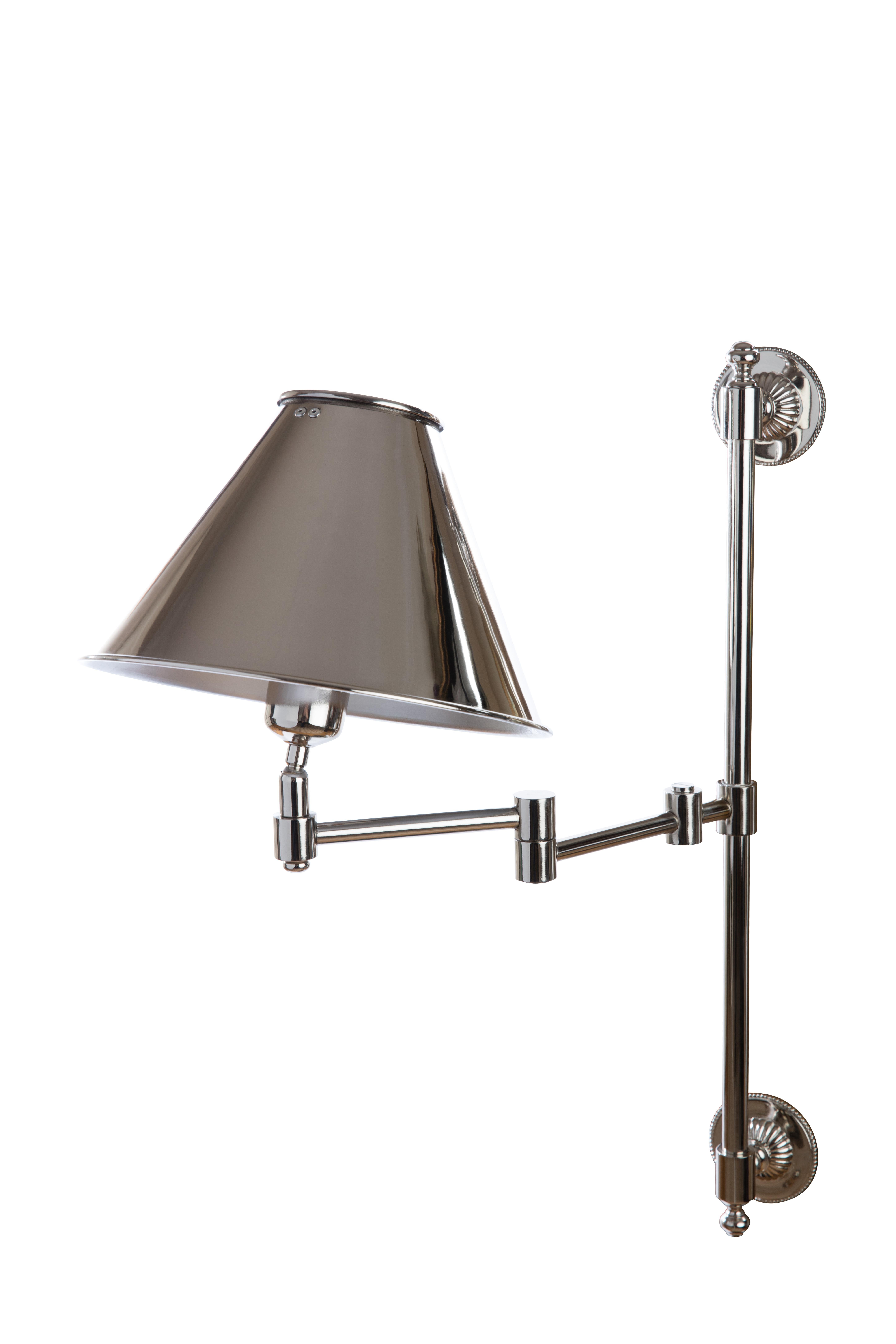 Contemporary Cast Brass Library Light in Polished Nickel with Nickel Plated Brass Lampshade For Sale