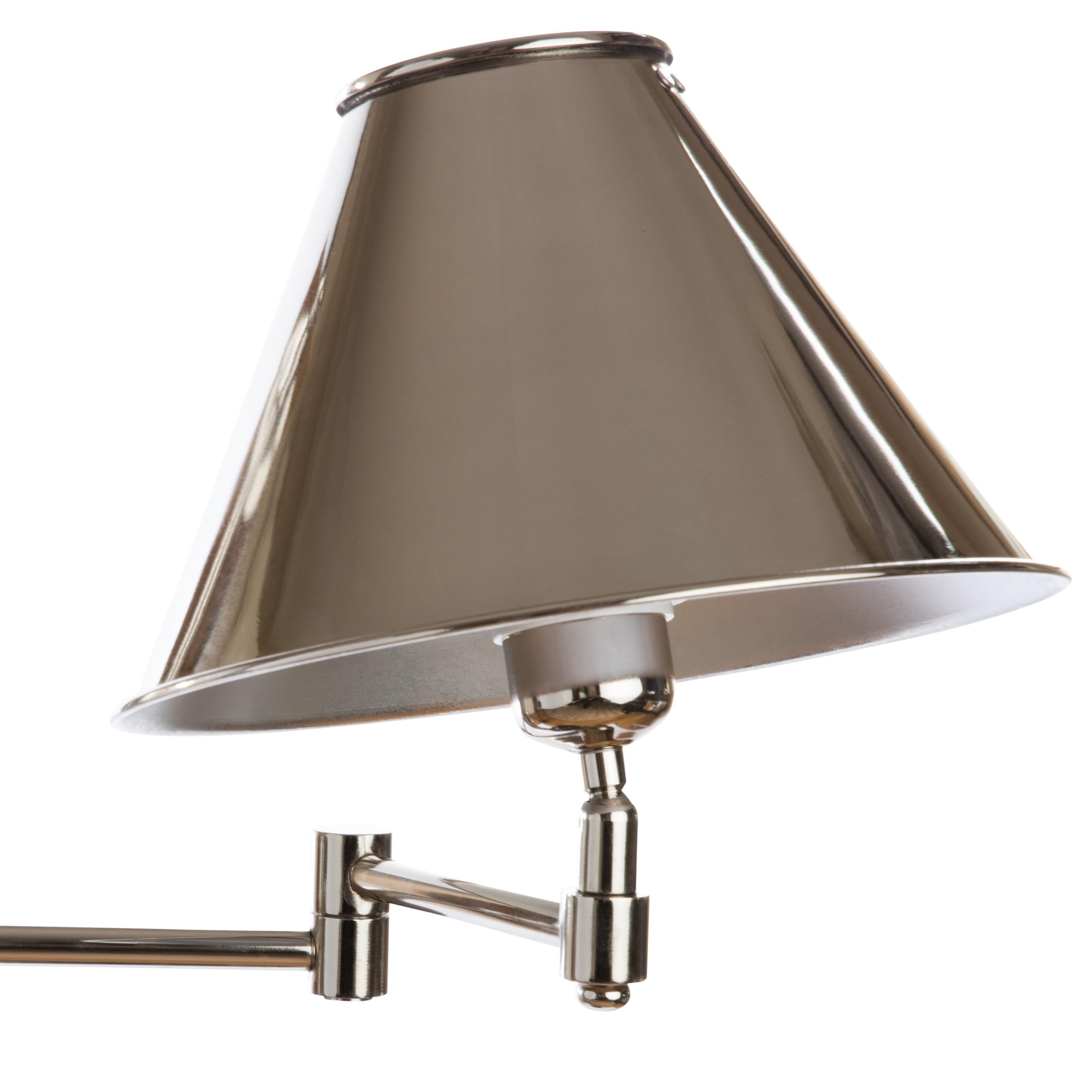 Cast Brass Library Light in Polished Nickel with Nickel Plated Brass Lampshade For Sale 2