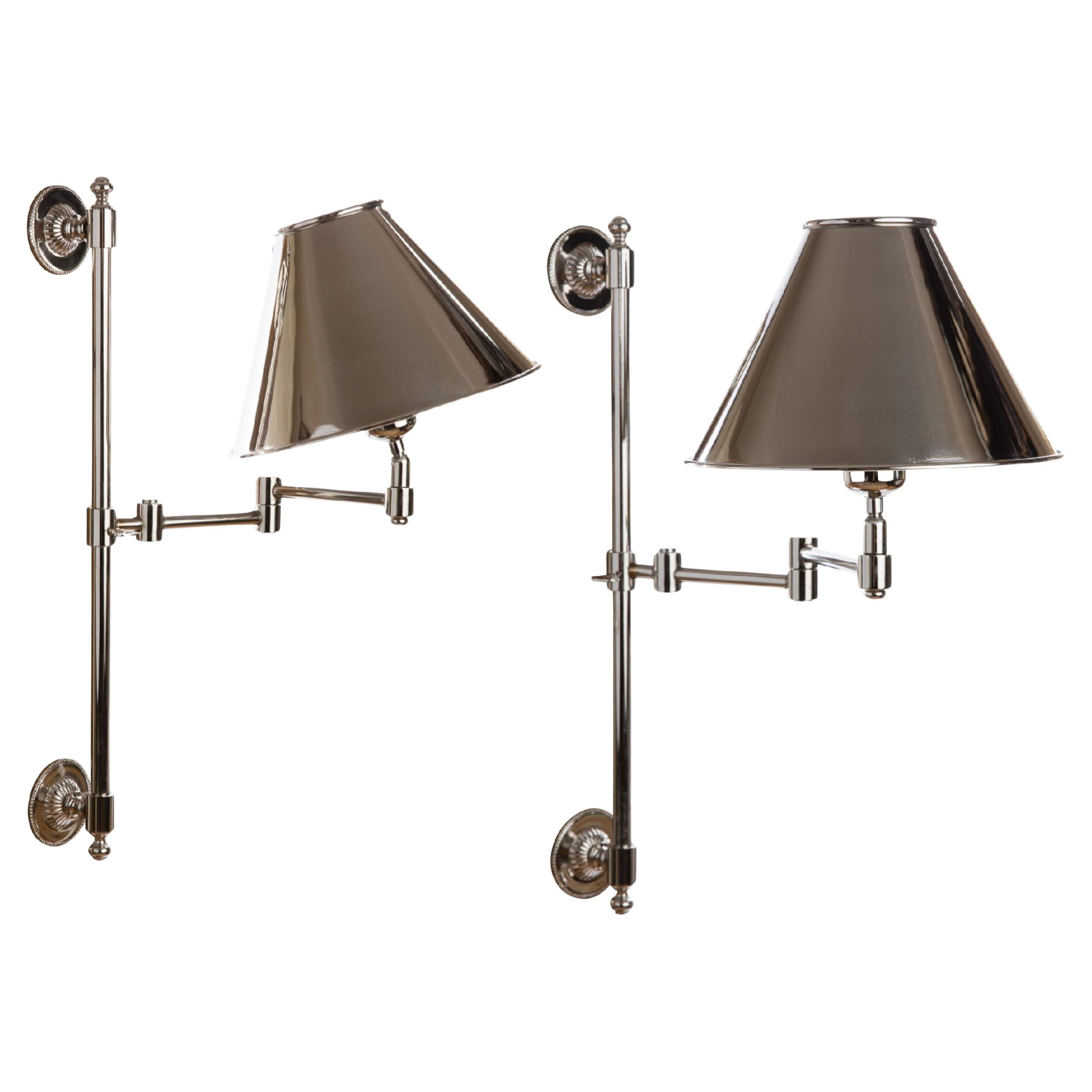 Cast Brass Library Light in Polished Nickel with Nickel Plated Brass Lampshade For Sale