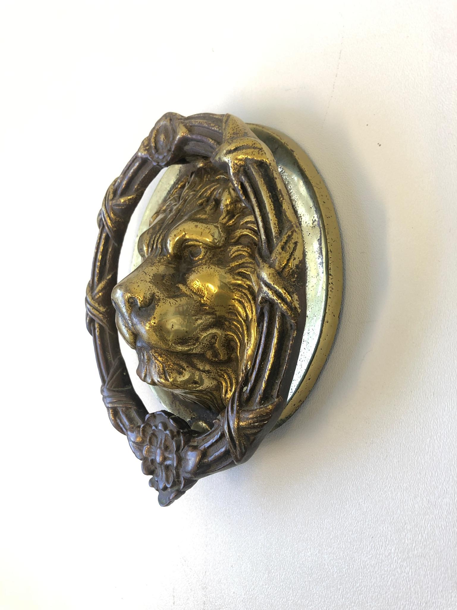 Hollywood Regency Cast Brass Lion Head and Wreath Door Knocker