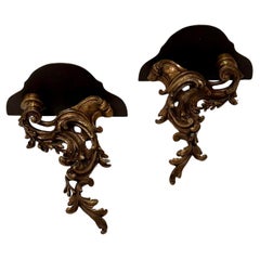 Cast Brass Pair of Rococo Style Wall Brackets with Walnut Tops