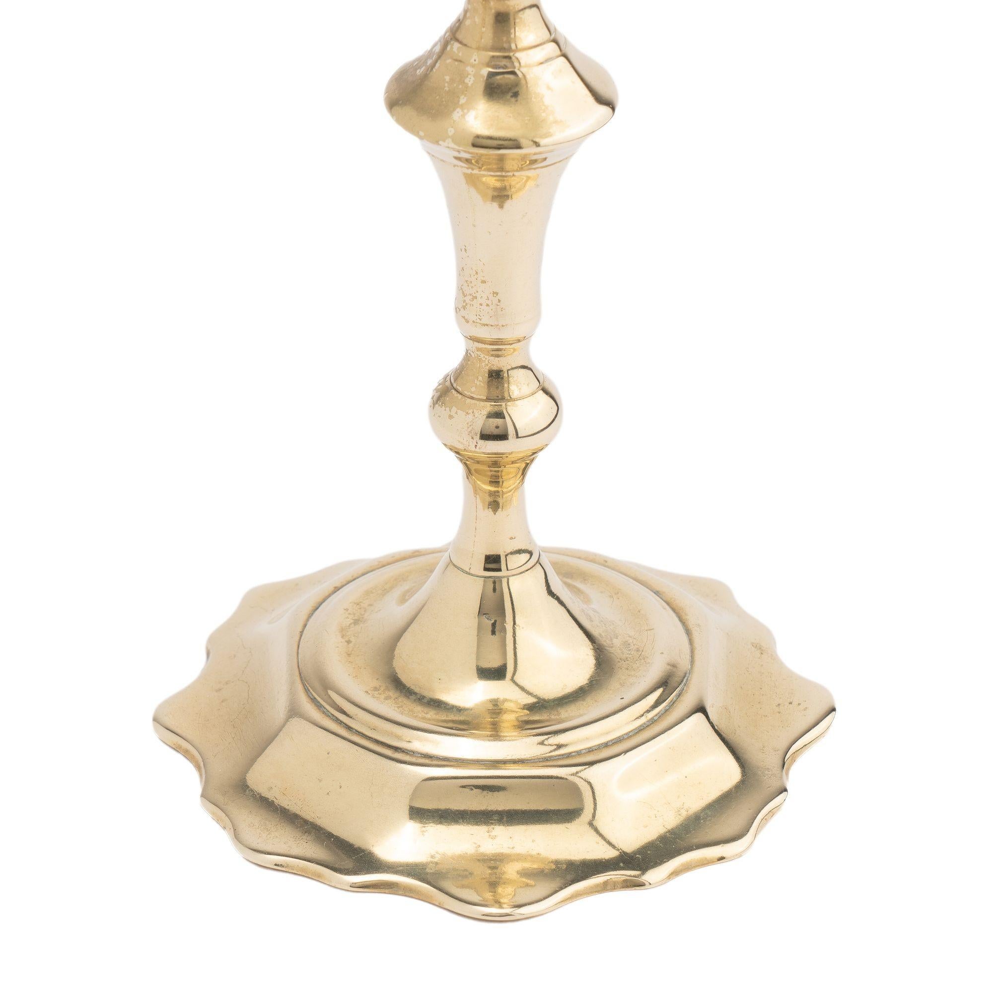 Cast brass Queen Anne scollop base candlestick, c. 1760 For Sale 3