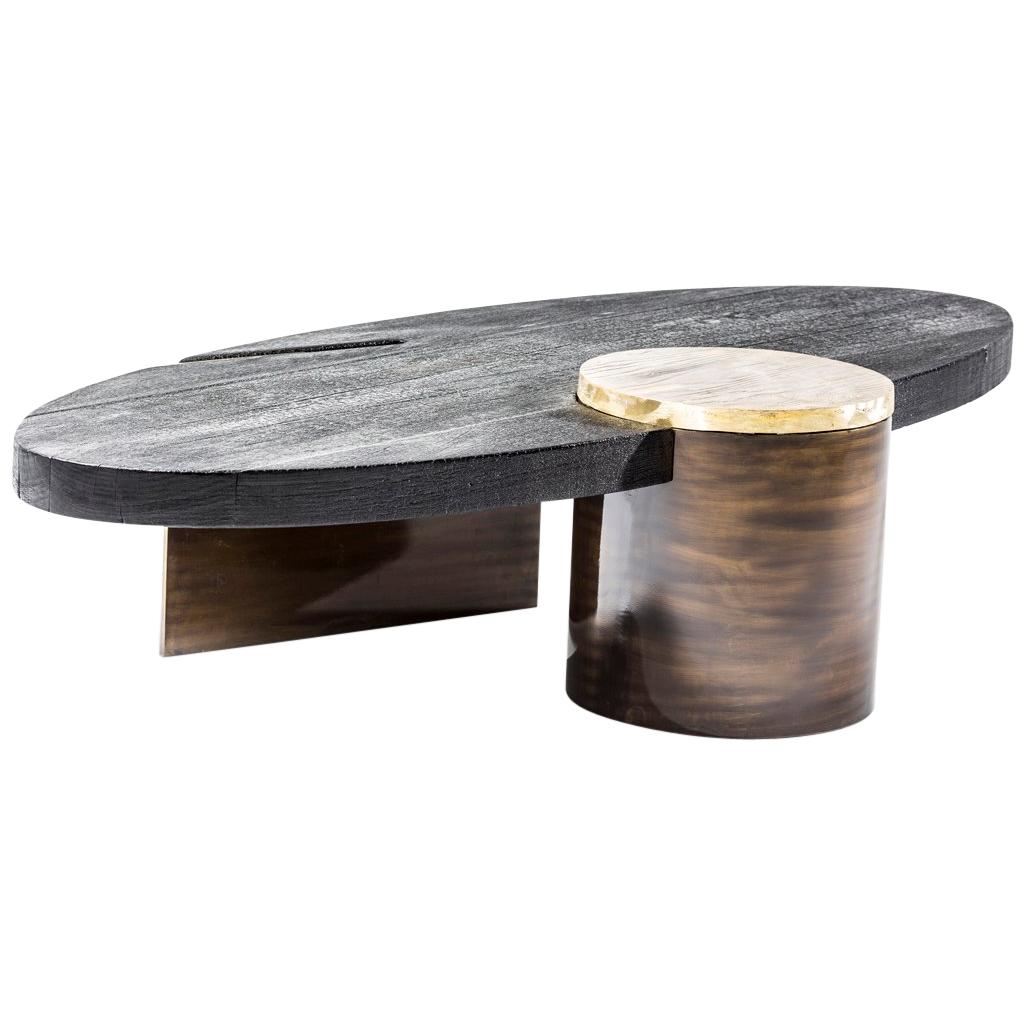 Cast Brass, Shou Sugi Ban & Burnished Steel Primal Coffee Table by Egg Designs For Sale