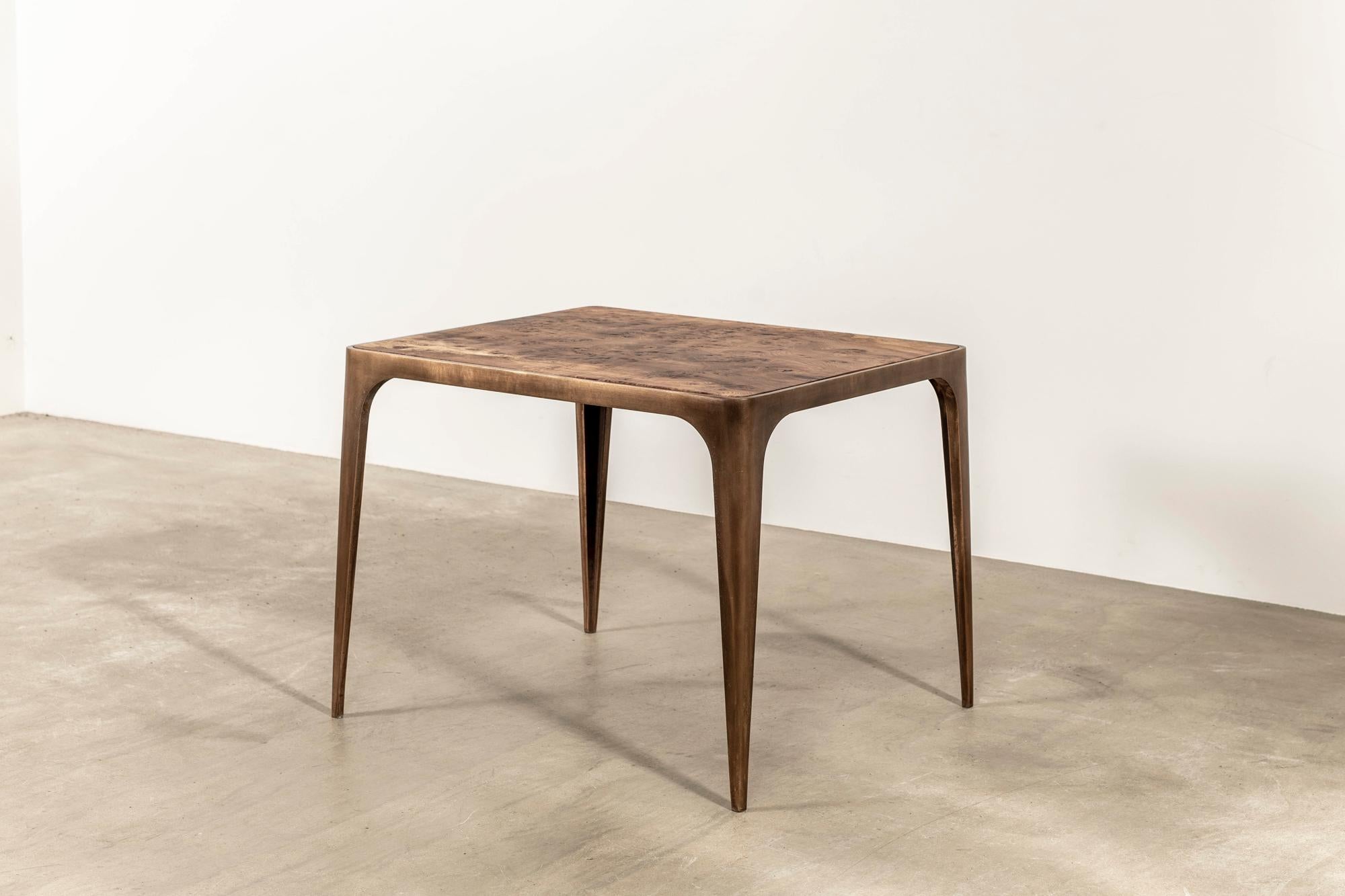 Modern Cast-Brass Side Table with Solid Burr Oak Top, Unique Piece For Sale