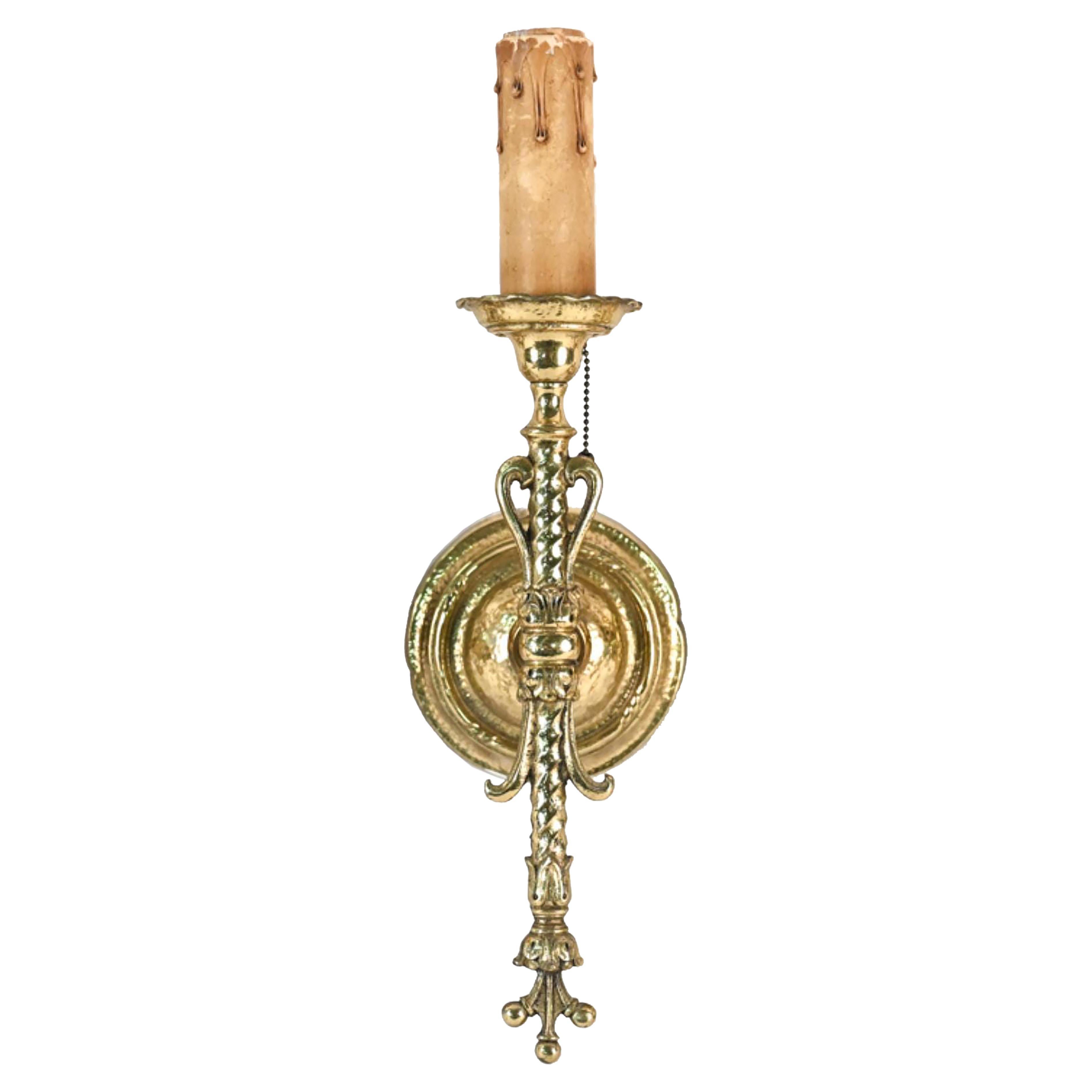 Cast Brass Single Candle Sconce Between Beaux Arts & American Tudor For Sale