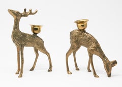 Cast Brass Standing Doe Sculptures Candleholders