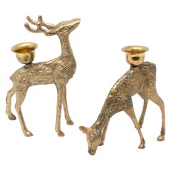 Vintage Cast Brass Standing Doe Sculptures Candleholders