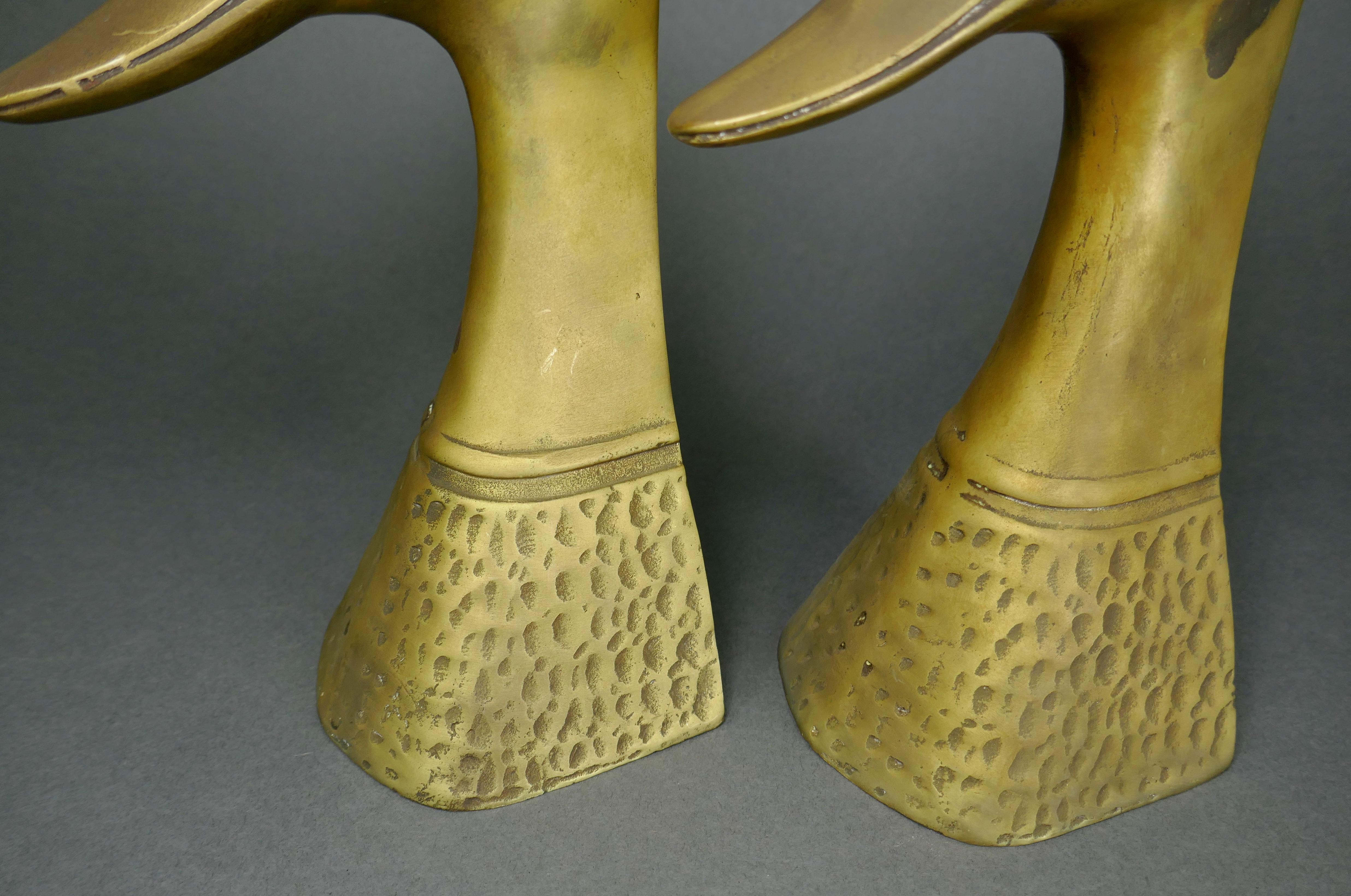 Korean Cast Brass Tall Duck Head Waterfowl Bookends, Korea 1970s For Sale