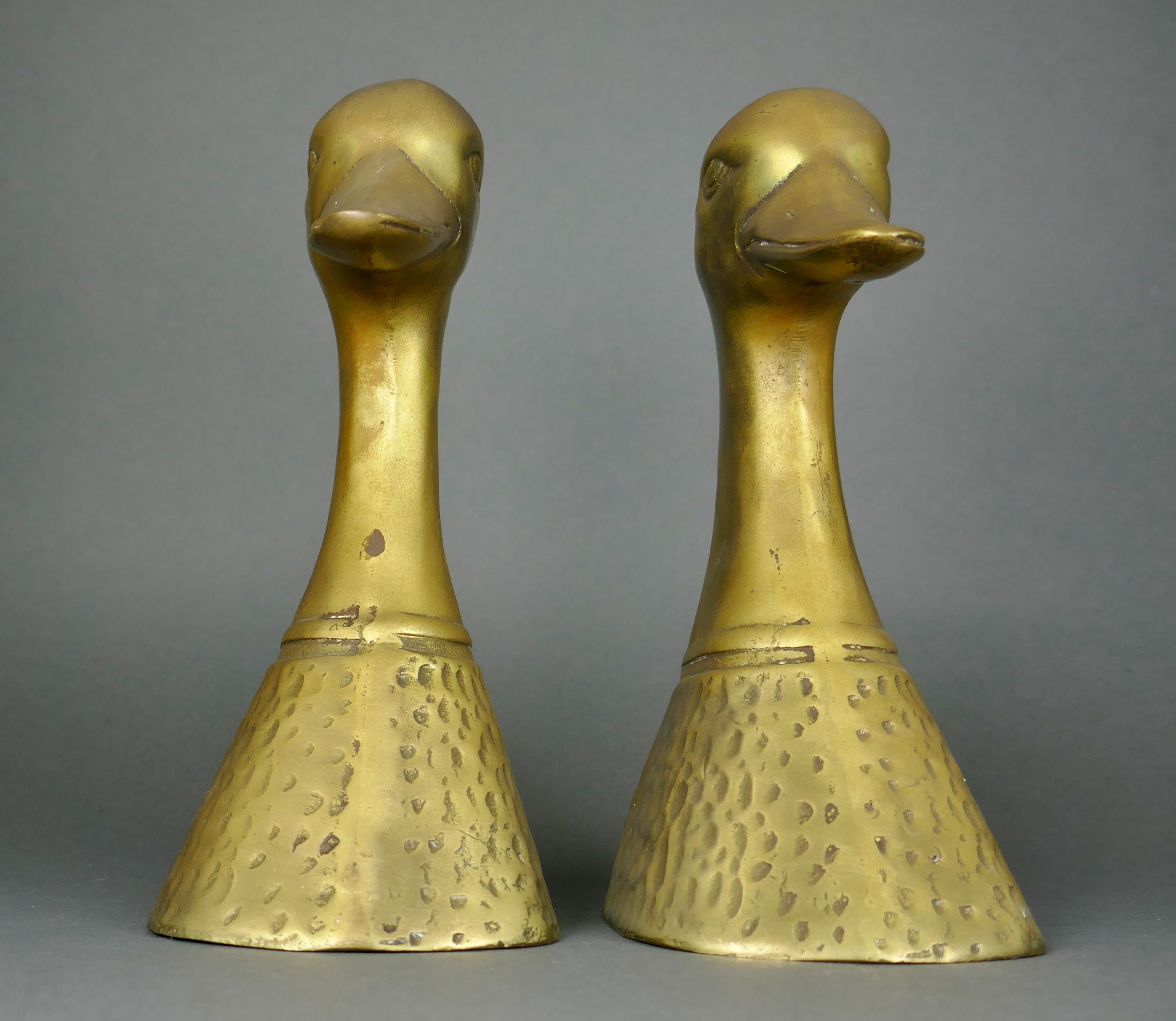 Cast Brass Tall Duck Head Waterfowl Bookends, Korea 1970s In Fair Condition For Sale In San Juan Capistrano, CA