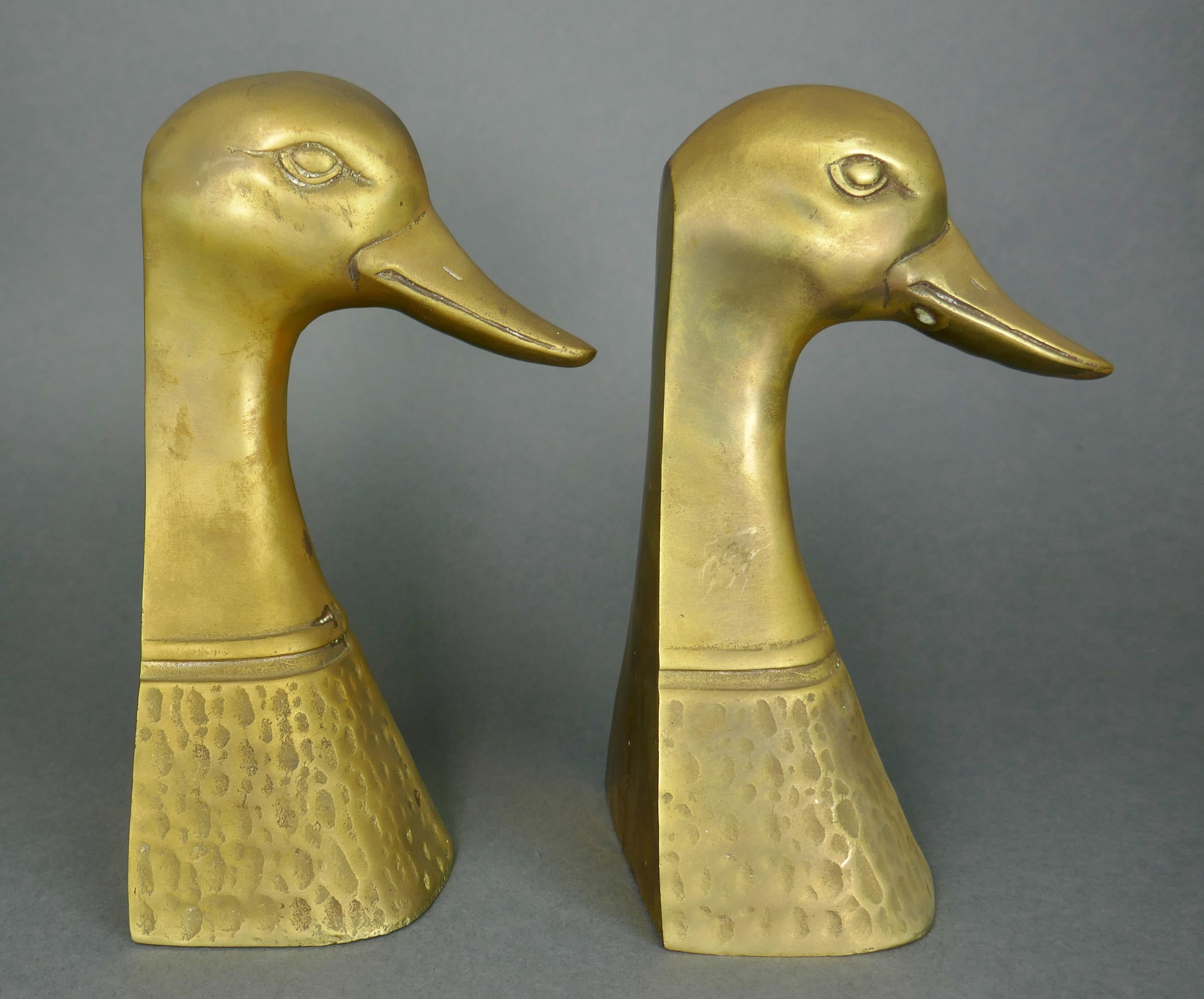 Late 20th Century Cast Brass Tall Duck Head Waterfowl Bookends, Korea 1970s For Sale