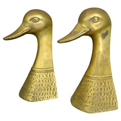 Cast Brass Tall Duck Head Waterfowl Bookends, Korea 1970s