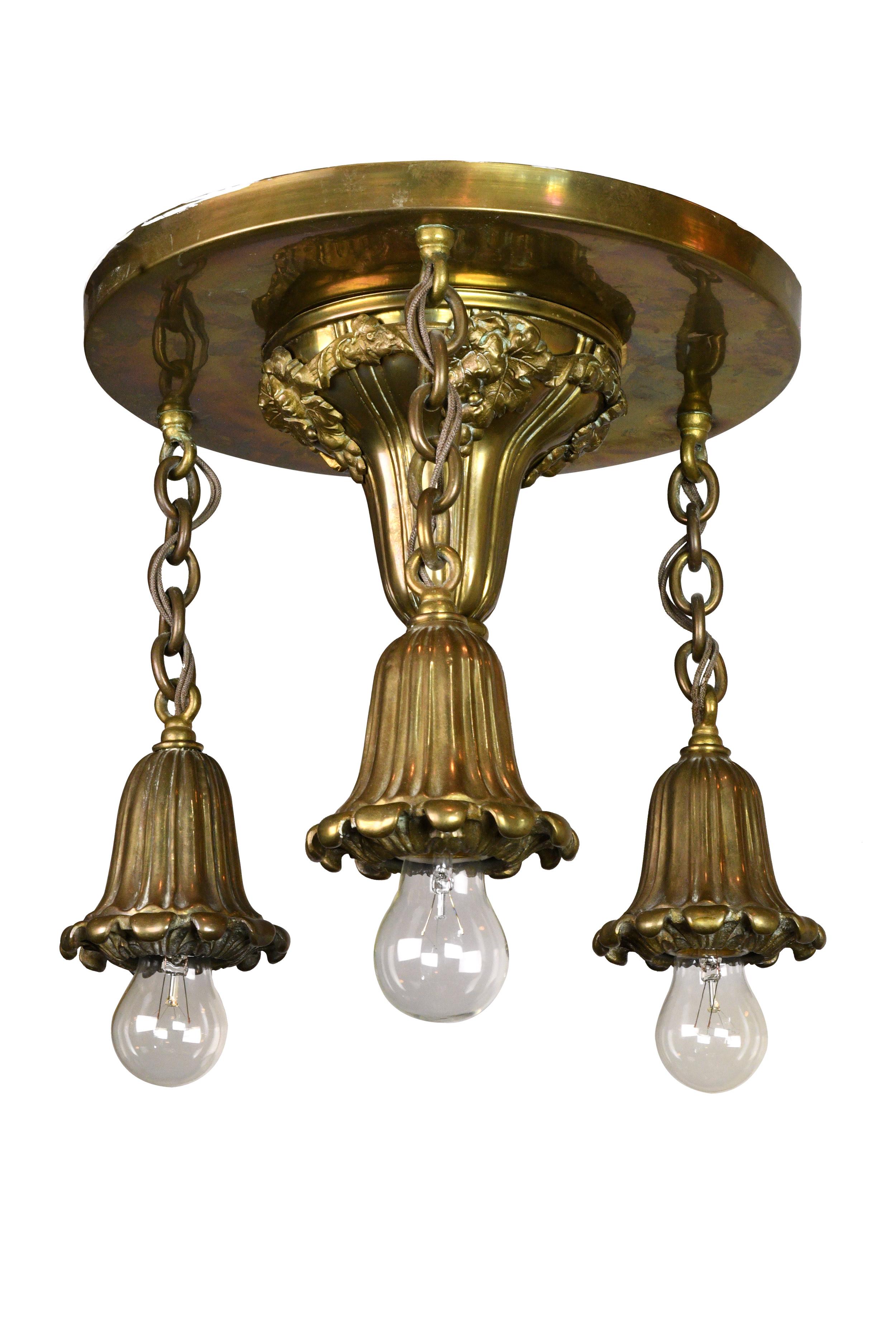 Cast Brass Three-Light Bare Bulb Flush Mount In Excellent Condition In Minneapolis, MN