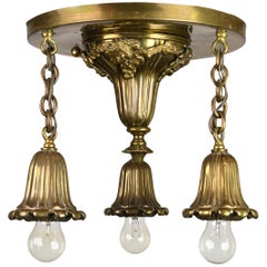 Antique Cast Brass Three-Light Bare Bulb Flush Mount