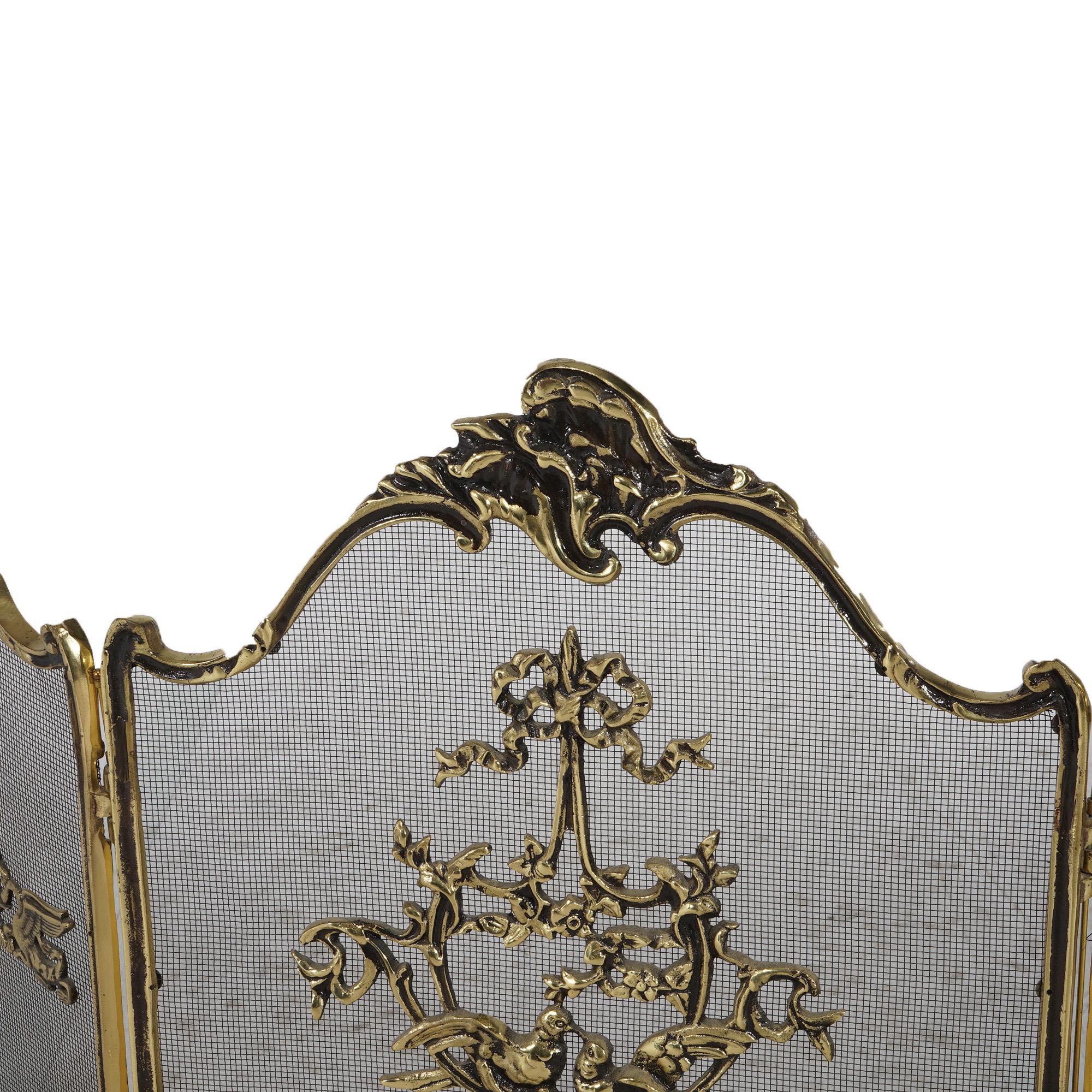 Cast Brass Trifold Fireplace Screen with Birds 20thC 1