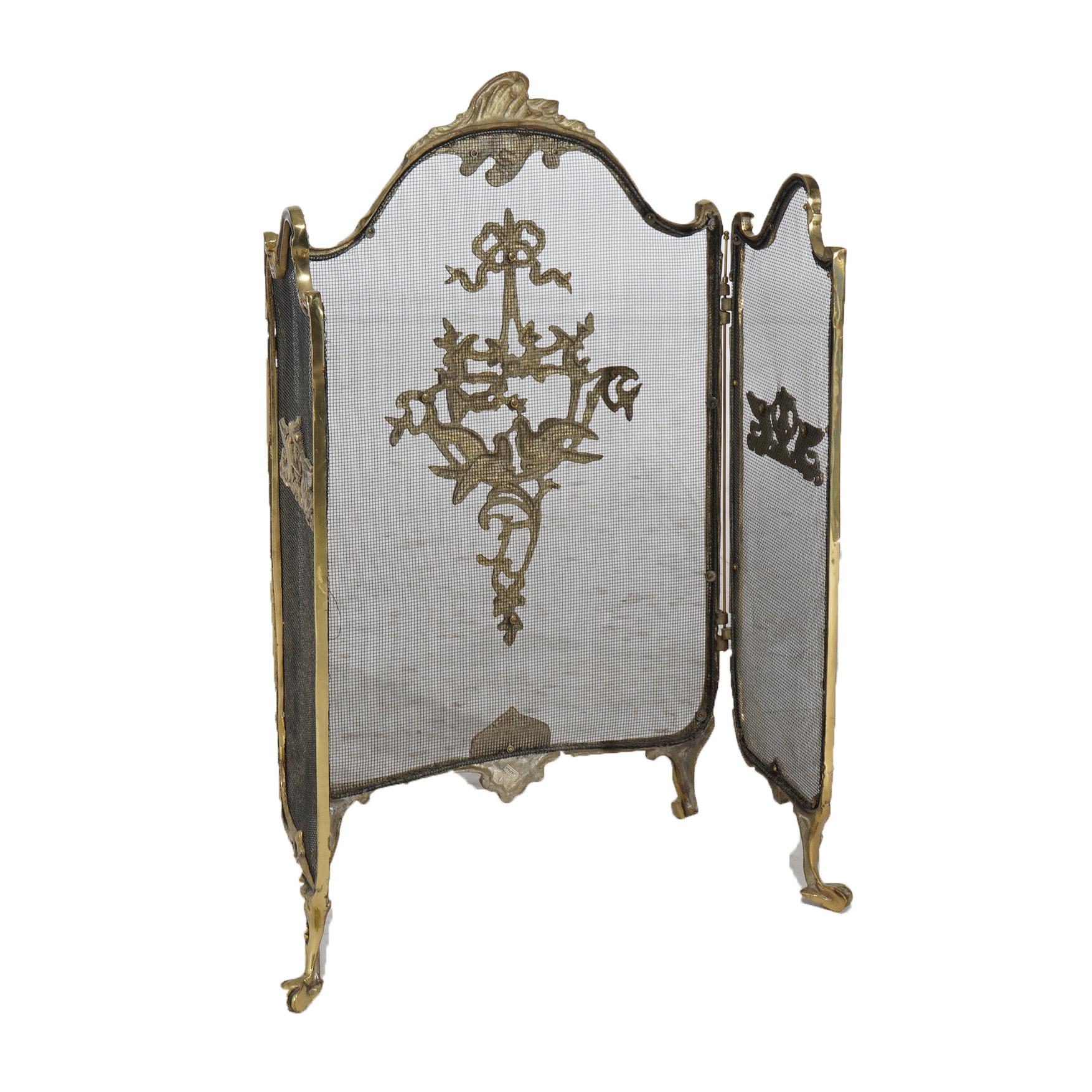 Cast Brass Trifold Fireplace Screen with Birds 20thC 2