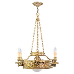 Cast Bronze 4-Light Chandelier North Wind Faces w/ Foliage & Ribbon Motifs 