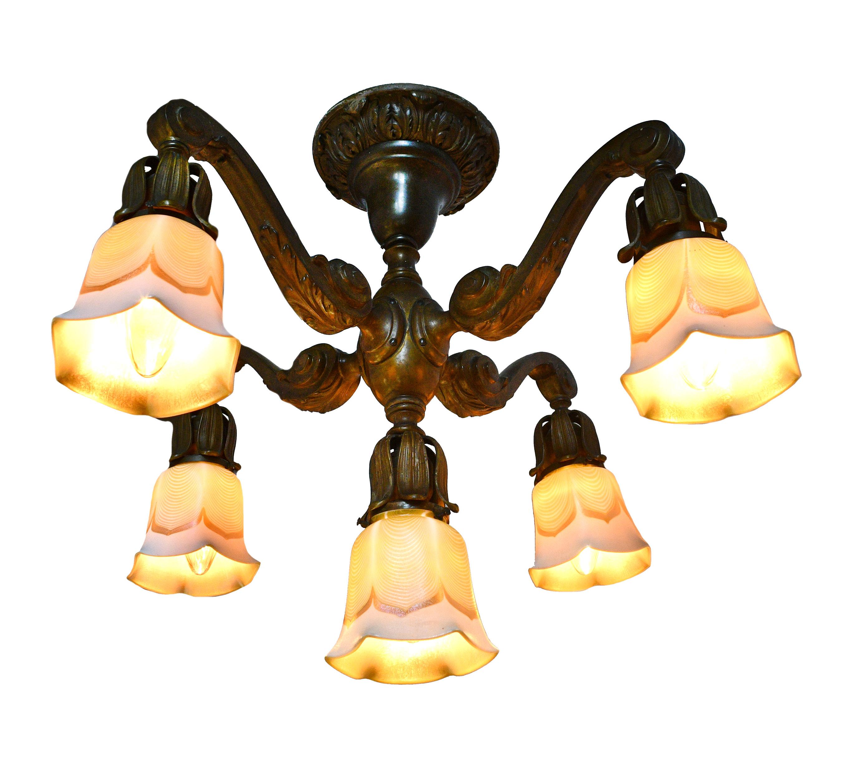 North American Cast Bronze 5-Light Chandelier with Lustre Arts Shades
