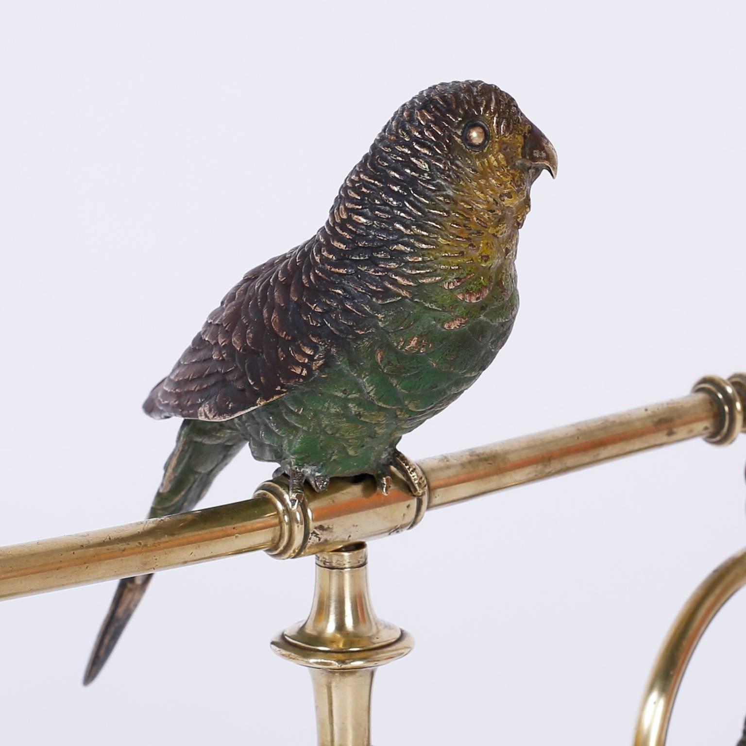 Edwardian Cast Bronze and Cold Painted Perched Parakeet Sculpture For Sale