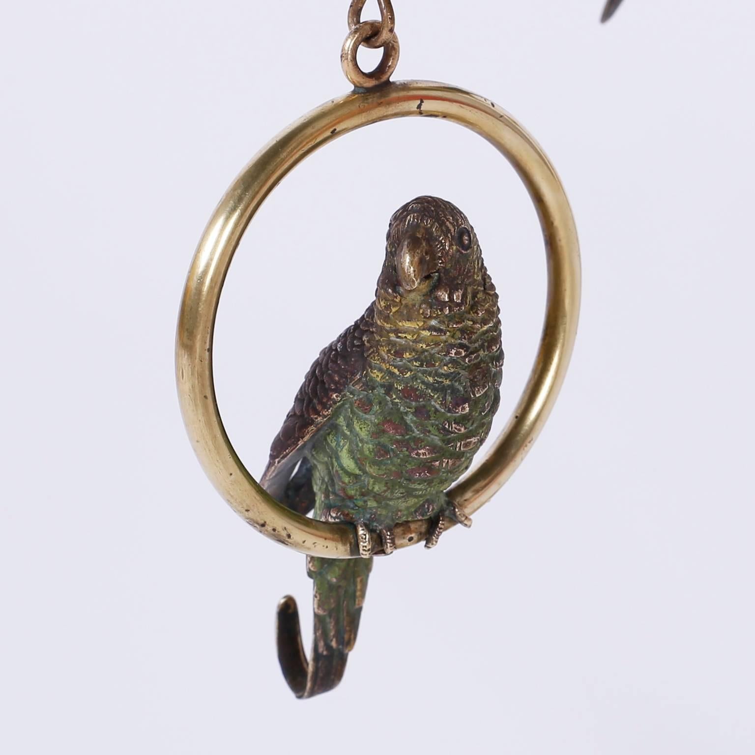 Austrian Cast Bronze and Cold Painted Perched Parakeet Sculpture For Sale