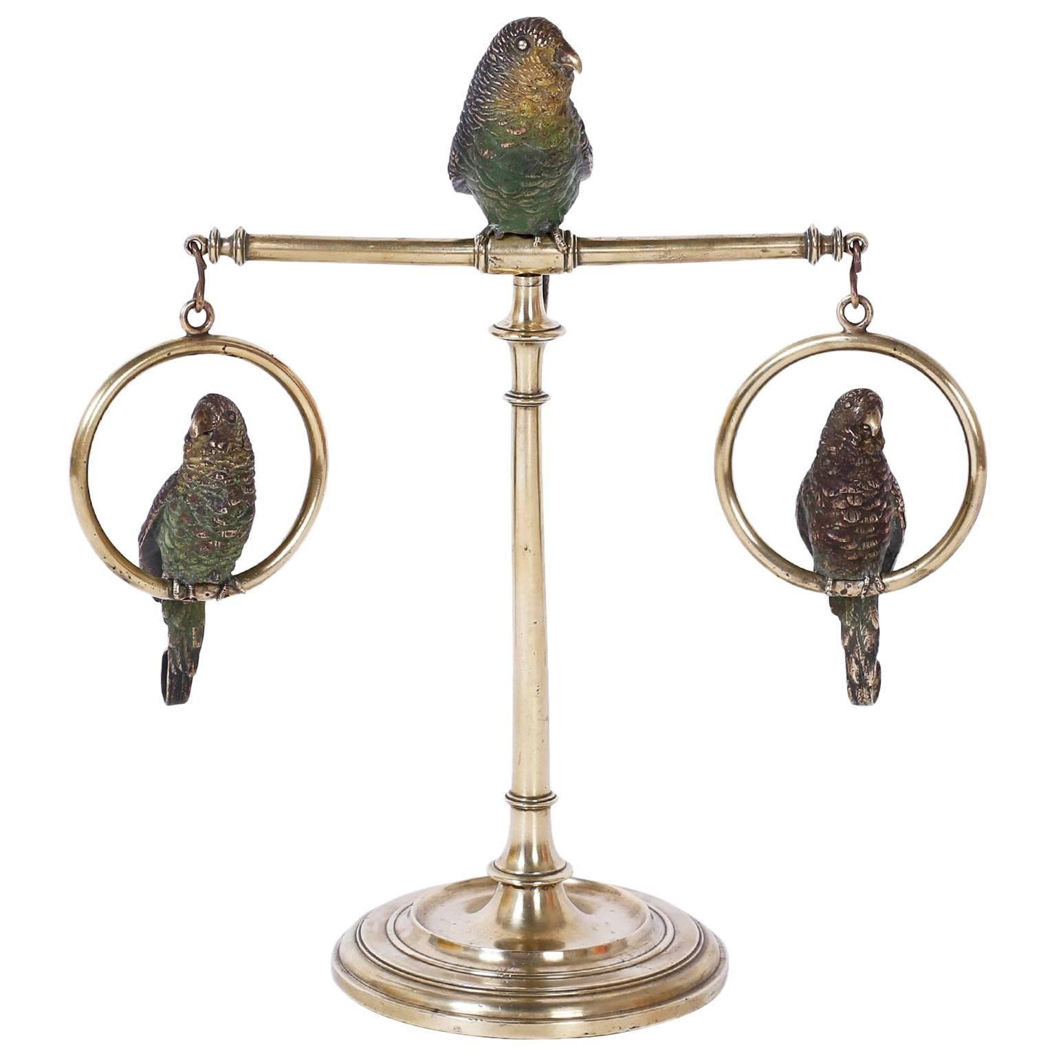 Cast Bronze and Cold Painted Perched Parakeet Sculpture