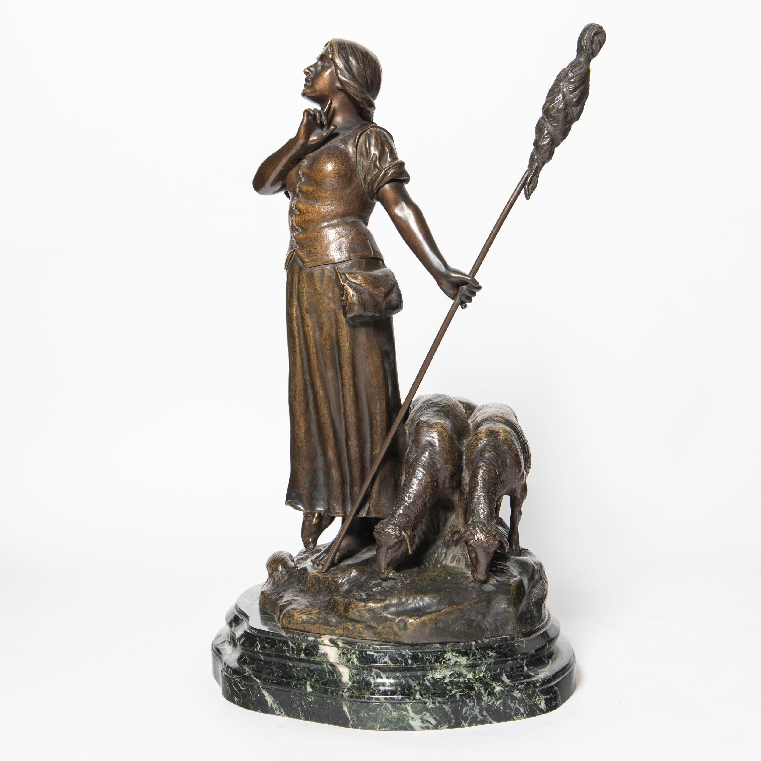 Cast bronze and marble shepherdess with sheep sculpture signed D. Alonzo. France, early 20th century.